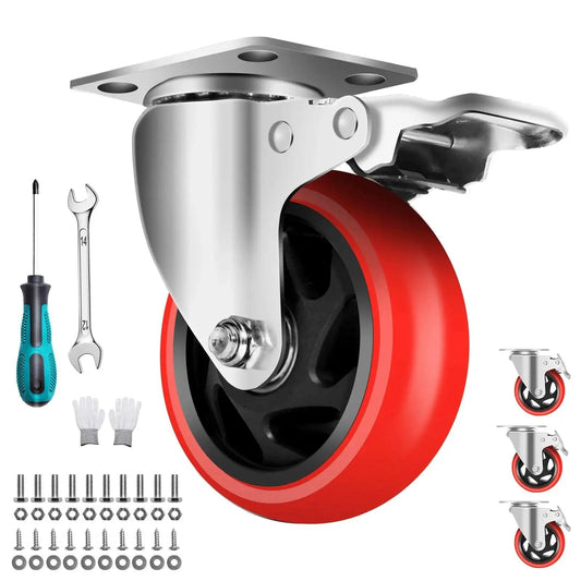Side view of 4 Inch Industrial Caster Wheels With Brake Set Of 4 Heavy Duty 2200 Lb Capacity 360 Degree Swivel for carts and furniture.