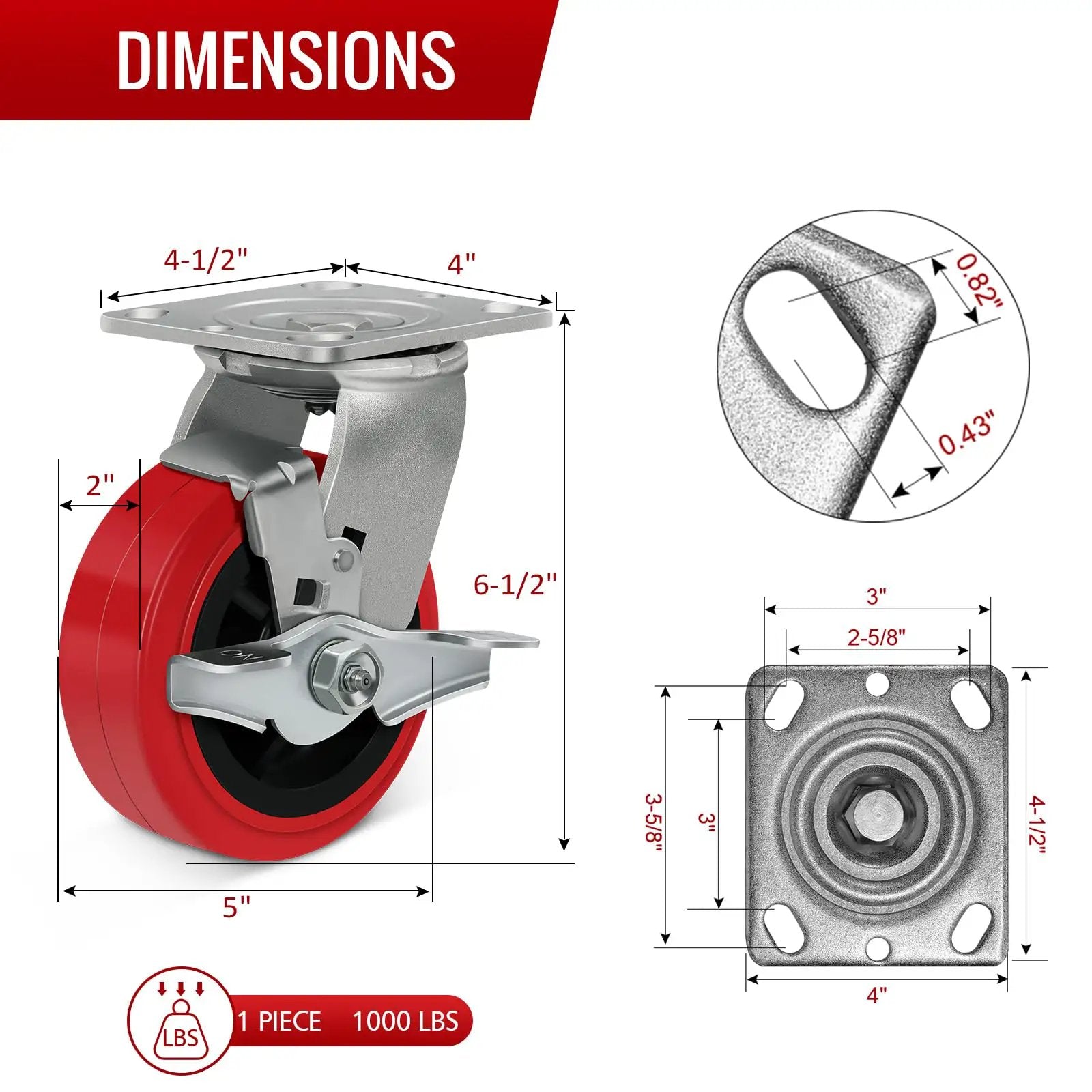 Heavy Duty Industrial Casters 5x2 Inches With Polyurethane On Polyolefin Core Wheel, High Load Capacity Up To 4000 Lbs, Set Of 4 With Four Brakes, Ideal For Platform Trucks, Industrial Equipment And Mobile Carts front view with dimensions