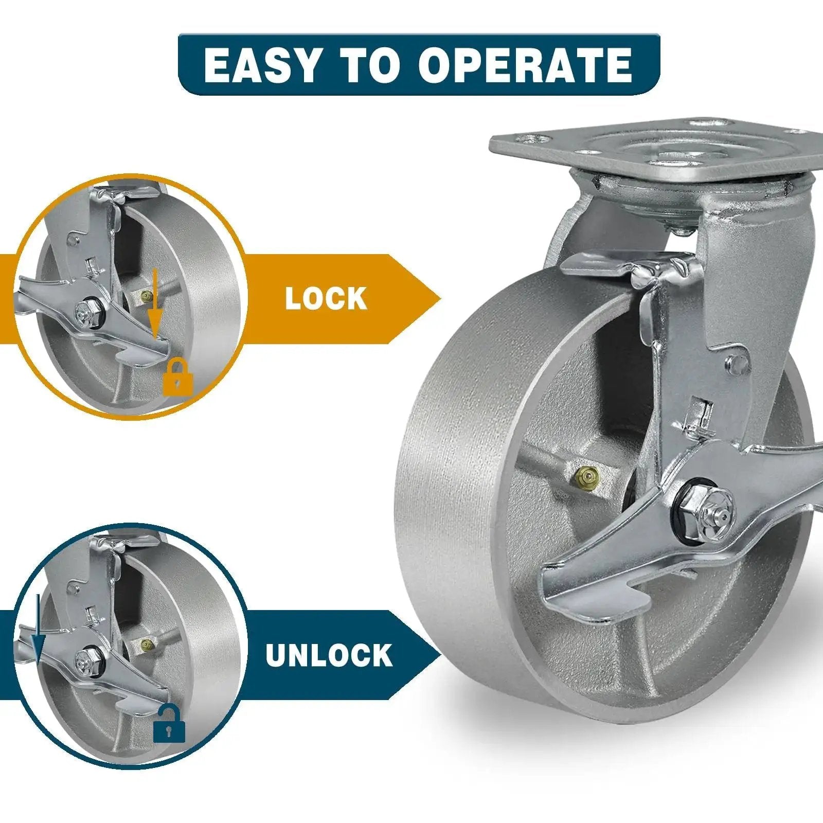 Heavy Duty Industrial Casters 6 By 2 Inch Rigid And Brake Wheels With Roller Bearing Semi Steel Cast Iron Wheels For Heavy Loads 5000 Lbs Capacity Per Set Of 4 Durable Construction For Warehouses, Workshops And Equipment with lock and unlock feature.