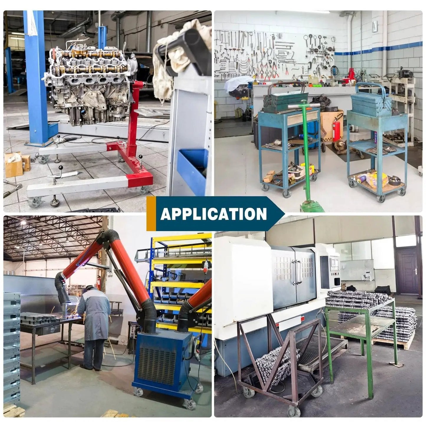 Four industrial scenes showcasing heavy duty industrial casters 6 by 2 inch rigid and brake wheels in use in workshops and factories.