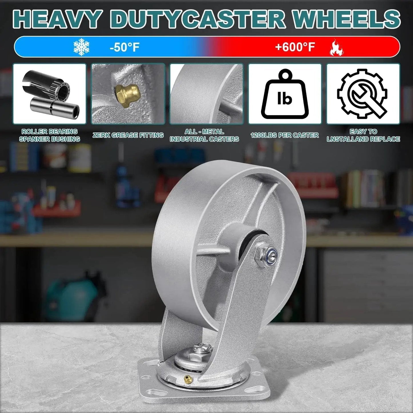 Heavy Duty Industrial Casters 6 x 2 Inch With Cast Iron Wheels And Roller Bearings, Galvanized Steel Hubs, Zinc Plated Yokes, Swivel Set Of 4, 4800 Lbs Capacity, Maintenance Friendly With Zerk Fittings