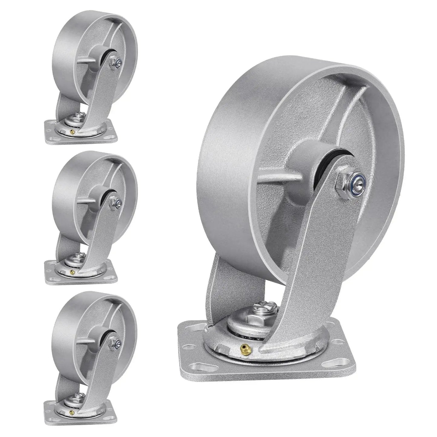 Heavy Duty Industrial Casters 6 x 2 Inch With Cast Iron Wheels And Roller Bearings, Galvanized Steel Hubs, Zinc Plated Yokes, Swivel Set Of 4, 4800 Lbs Capacity, Maintenance Friendly With Zerk Fittings