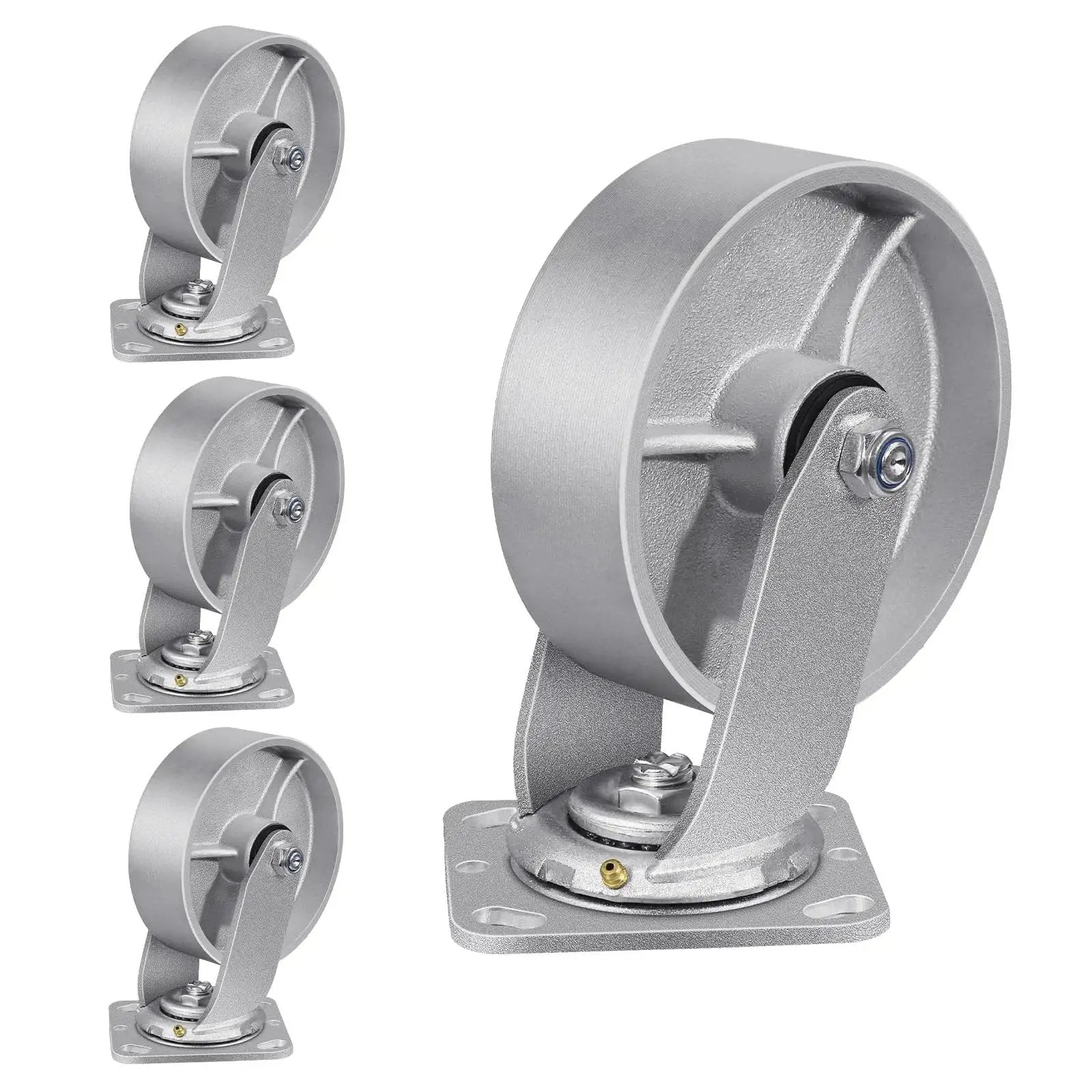 Heavy Duty Industrial Casters 6 x 2 Inch With Cast Iron Wheels And Roller Bearings, Galvanized Steel Hubs, Zinc Plated Yokes, Swivel Set Of 4, 4800 Lbs Capacity, Maintenance Friendly With Zerk Fittings