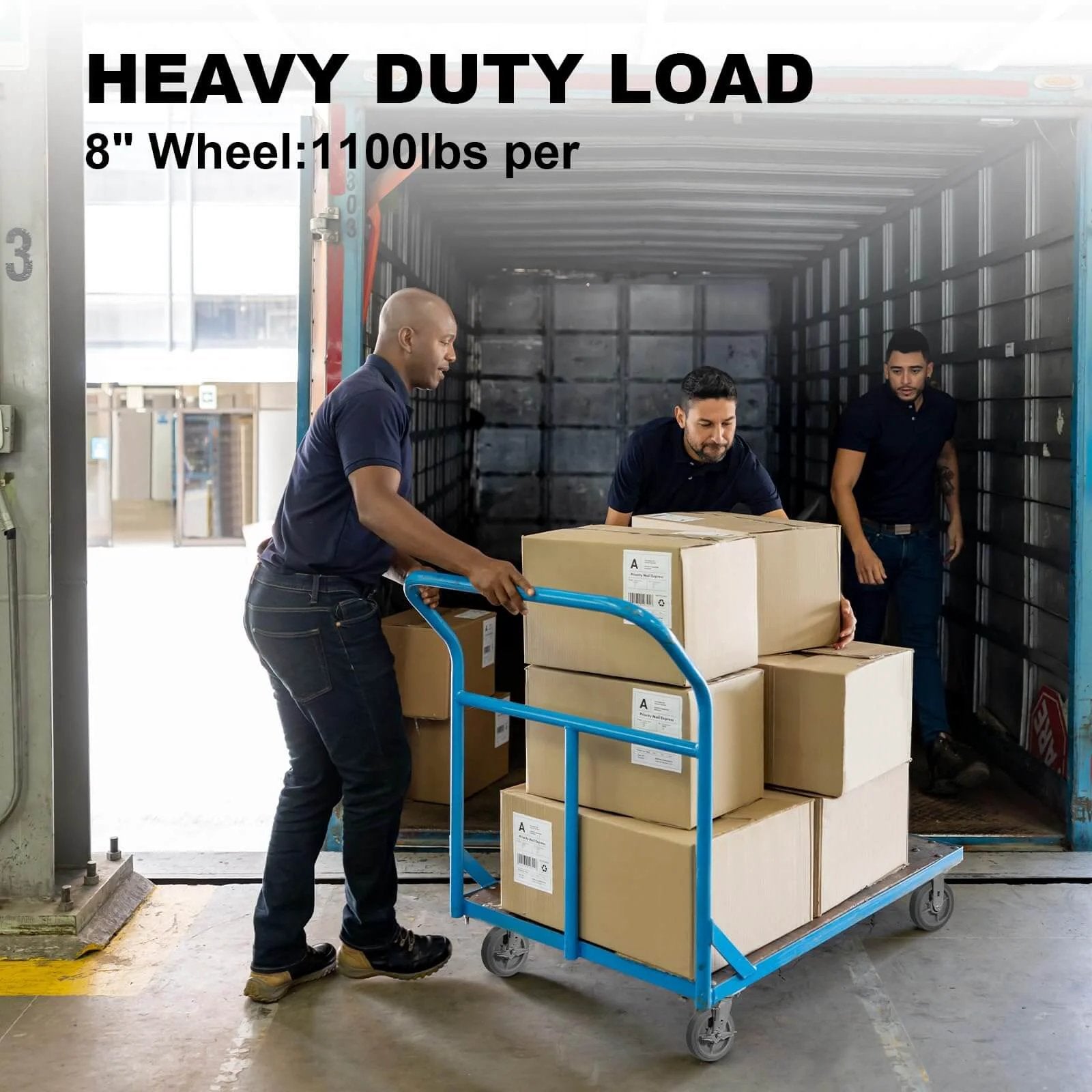 Men using cart with 8 x 2 Inch Heavy Duty Industrial Caster Wheels, thermoplastic rubber, moving boxes in warehouse, shock absorbing quiet design.
