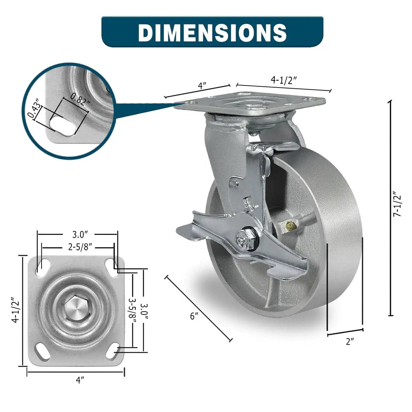 Heavy Duty Industrial Casters 6 By 2 Inch Rigid And Brake Wheels With Roller Bearing Semi Steel Cast Iron Wheels For Heavy Loads 5000 Lbs Capacity Per Set Of 4 Durable Construction For Warehouses, Workshops And Equipment dimensions diagram