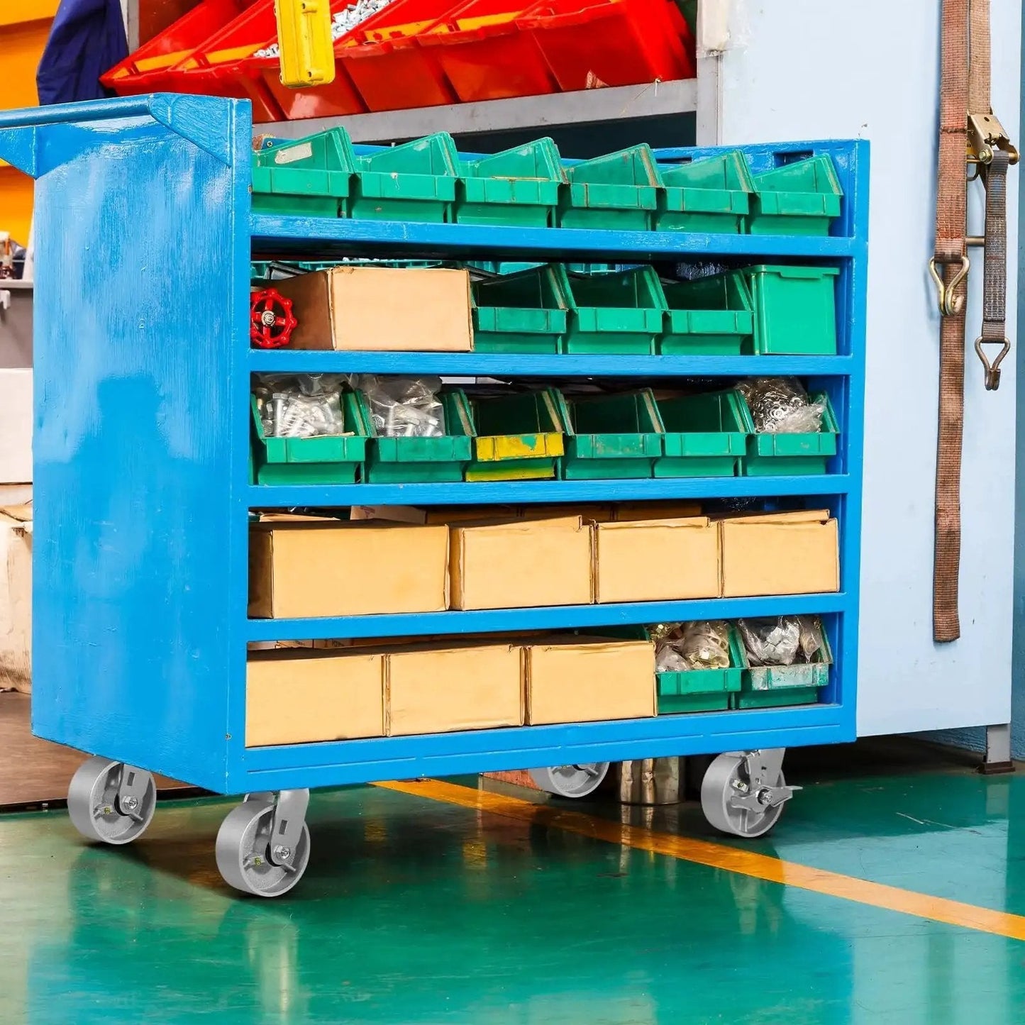 Blue industrial storage cart with green bins on Heavy Duty Industrial Casters 6 x 2 Inch With Cast Iron Wheels And Roller Bearings