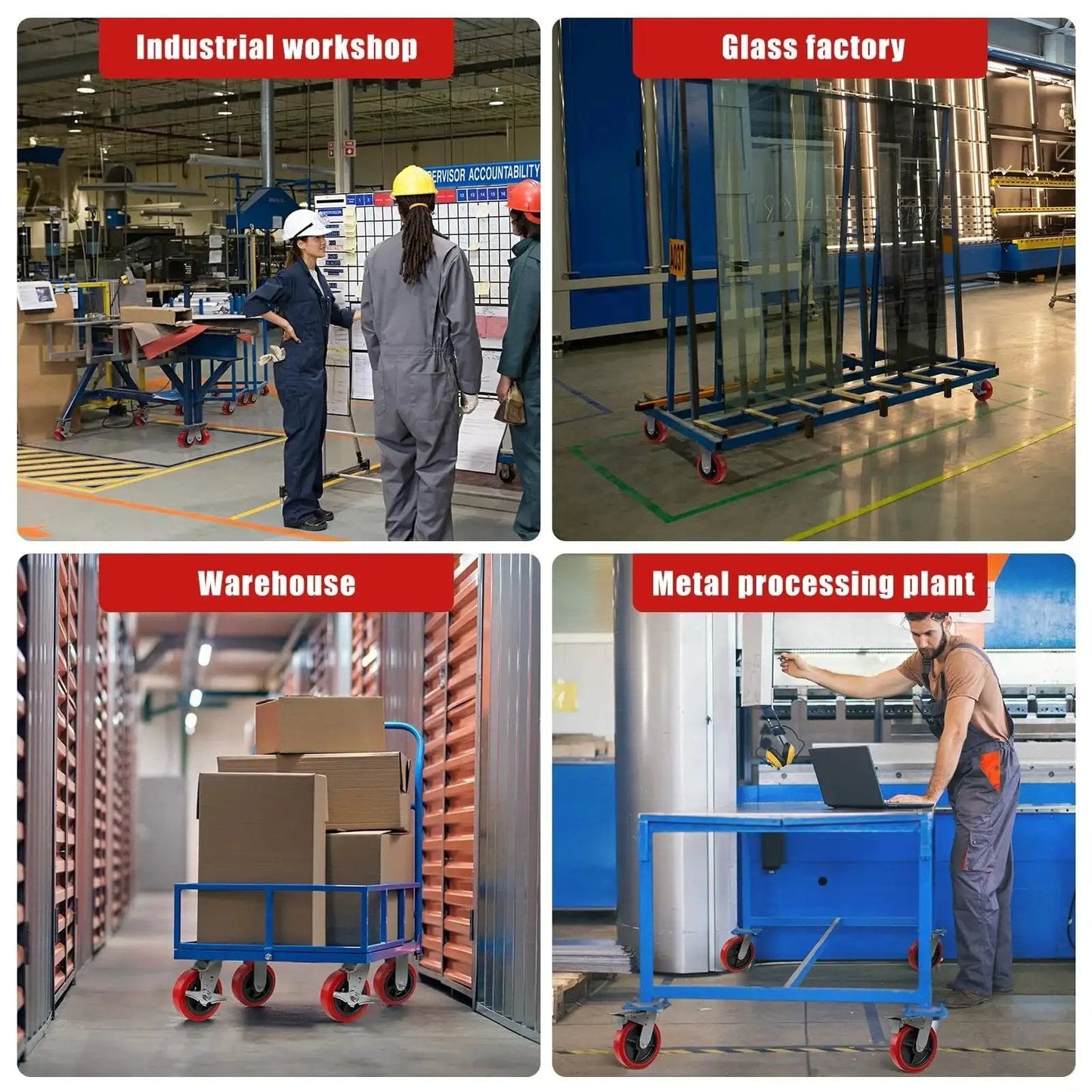 Casters in industrial settings, showing carts with Heavy Duty 6x2 Inch Caster Set Of 4 Industrial Polyurethane Wheels