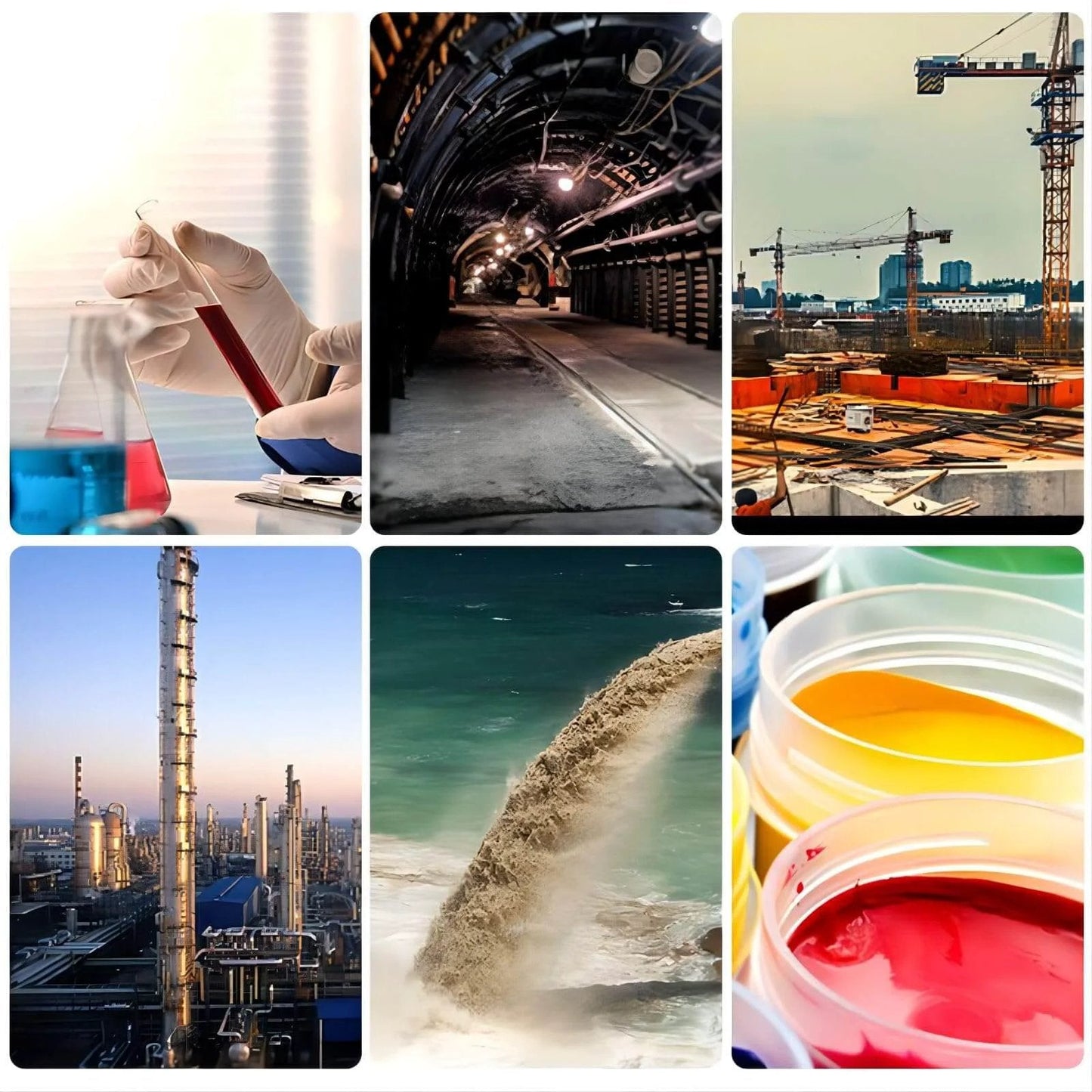 Collage of industrial use scenes: laboratory testing, tunnel, construction, refinery, waste discharge, chemical samples.