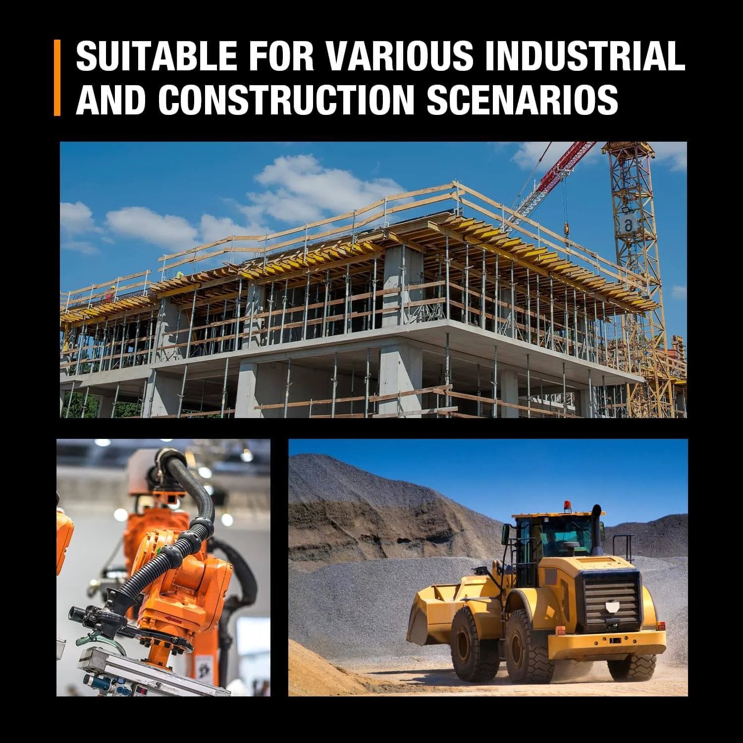 Industrial and construction scenarios with building site, robotic arms, and earth-moving equipment for hydraulic electric pump applications.