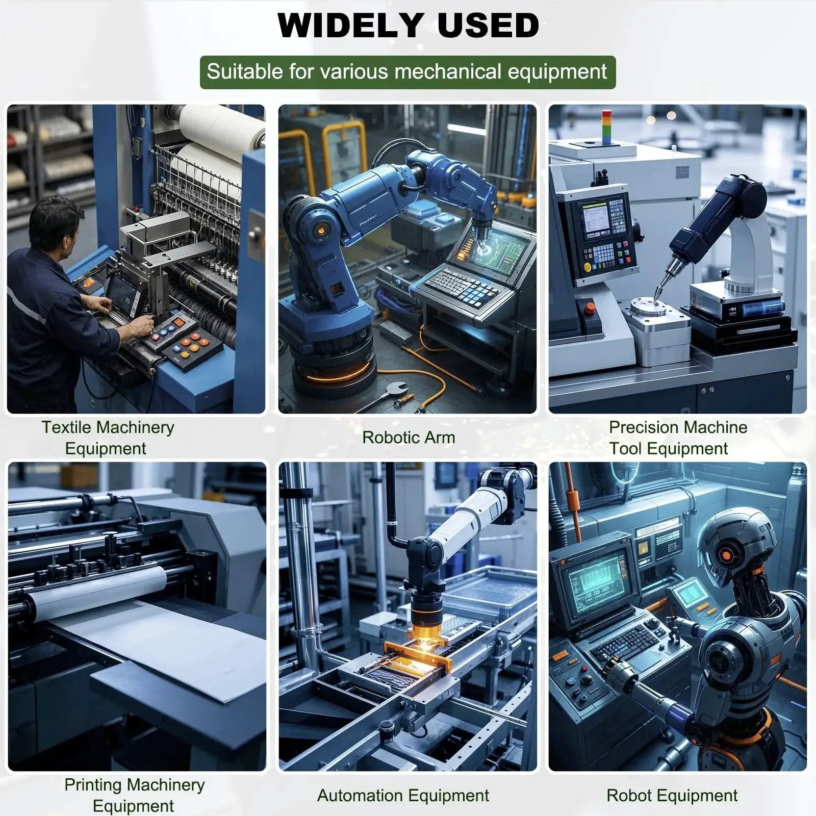 Collage of industrial machinery including textile, robotic arms, and automation equipment in mechanical settings. Two Pack UCFL20516 Pillow Block Bearing With 1 Inch Bore And Two Bolt Flange Self Aligning Cast Iron Housing Set Screw Locking Style For Flange Mounted Bearing Unit Ideal For Industrial Use And Easy Mounting