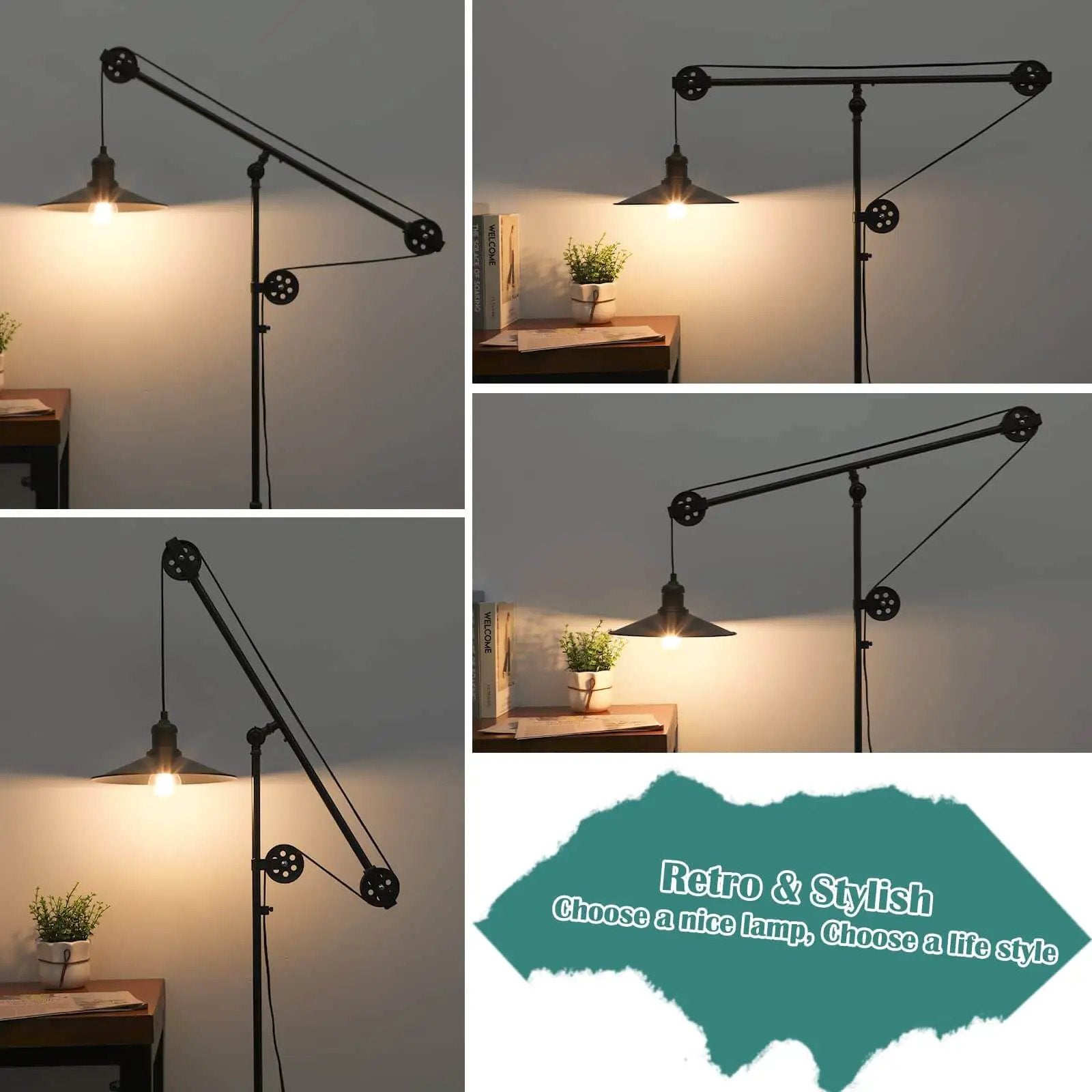 Industrial Adjustable Floor Lamp For Living Room With Pulley System Modern Farmhouse Tall Standing Reading Lamp in blackened bronze.