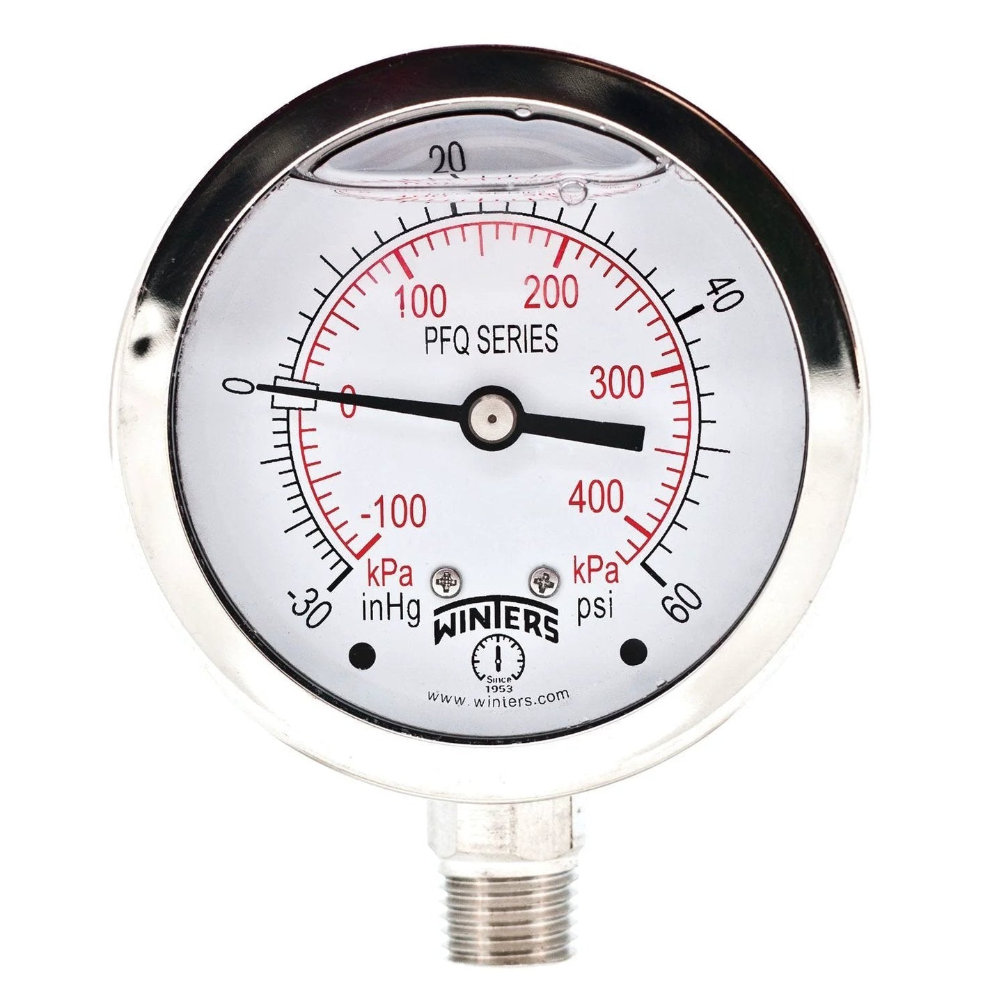Industrial Liquid Filled Pressure Gauge With Stainless Steel Case And Internals, 2-1/2 Inch Dial, front view with kPa and psi scales.