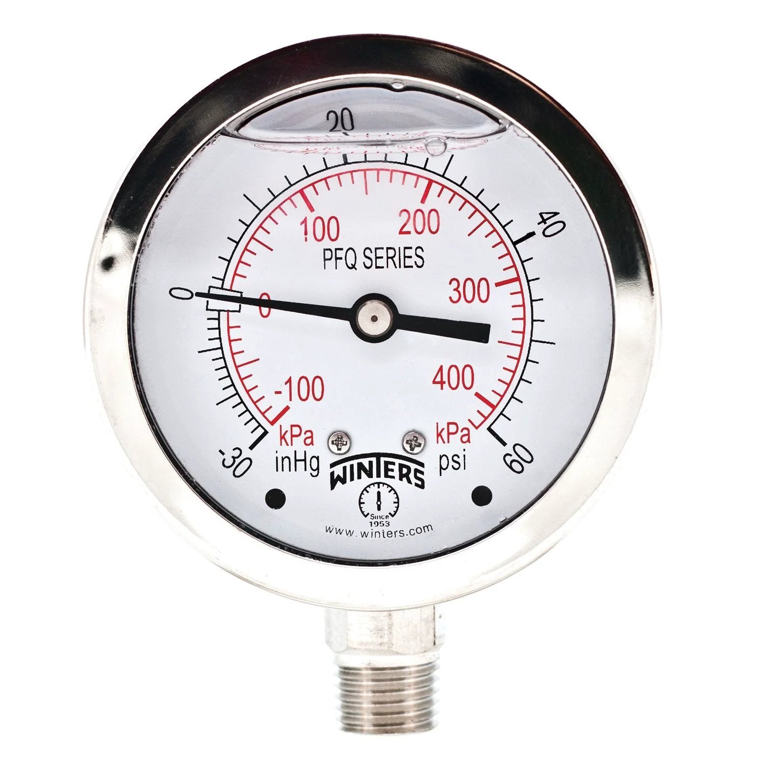 Industrial Liquid Filled Pressure Gauge With Stainless Steel Case And Internals, 2-1/2 Inch Dial, front view with kPa and psi scales.