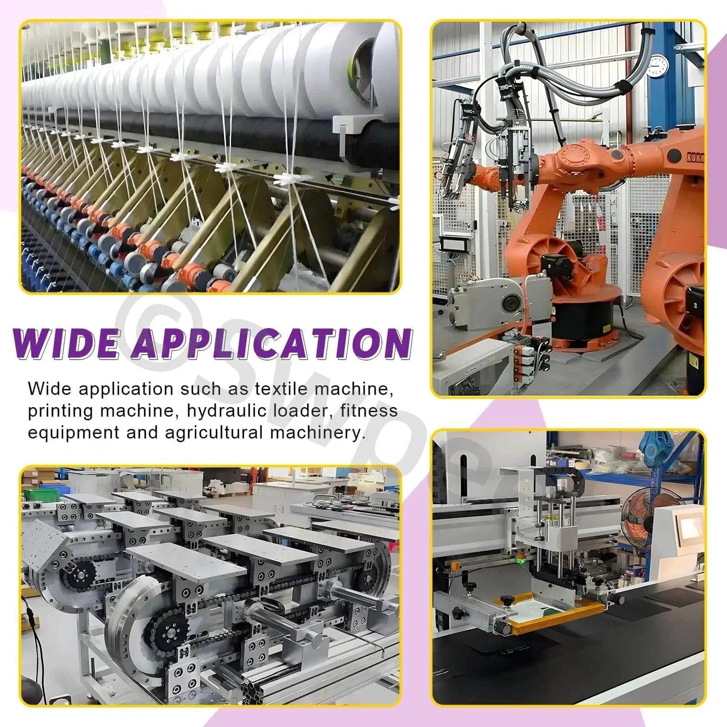 Collage of industrial machinery showing applications for Five Size Sleeve Bearing Assortment Kit.