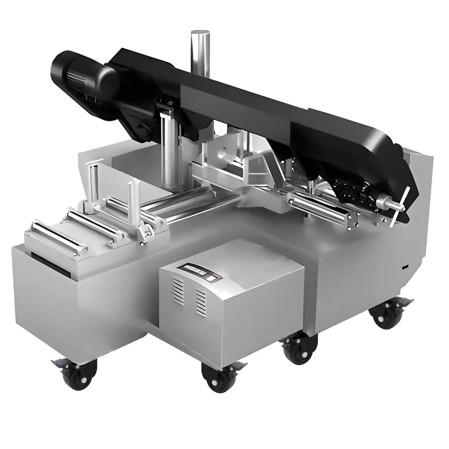 Industrial metal-cutting machine on wheels with heavy-duty design and robust frame, featuring multiple rollers and a motor unit.