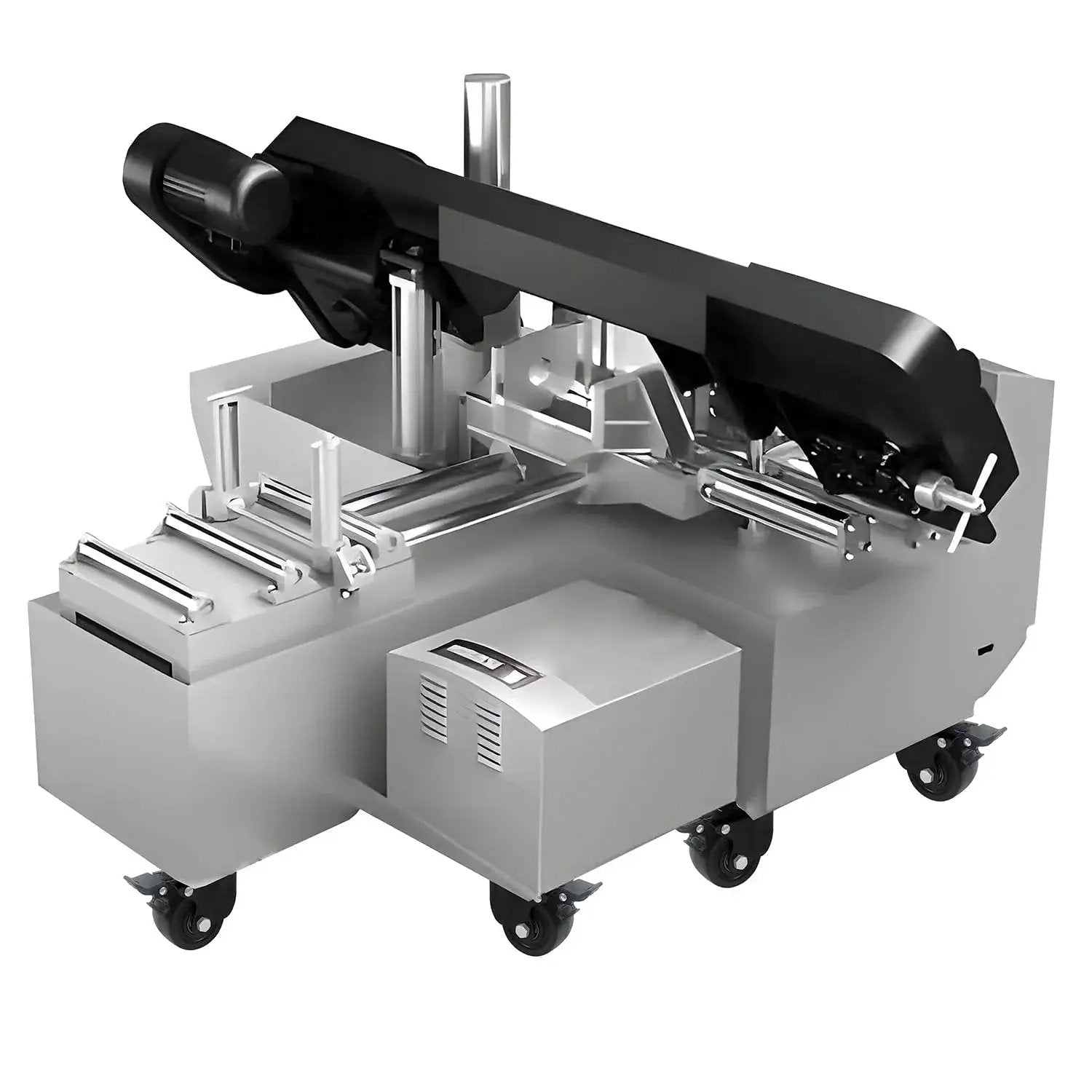 Industrial metal-cutting machine on wheels with heavy-duty design and robust frame, featuring multiple rollers and a motor unit.