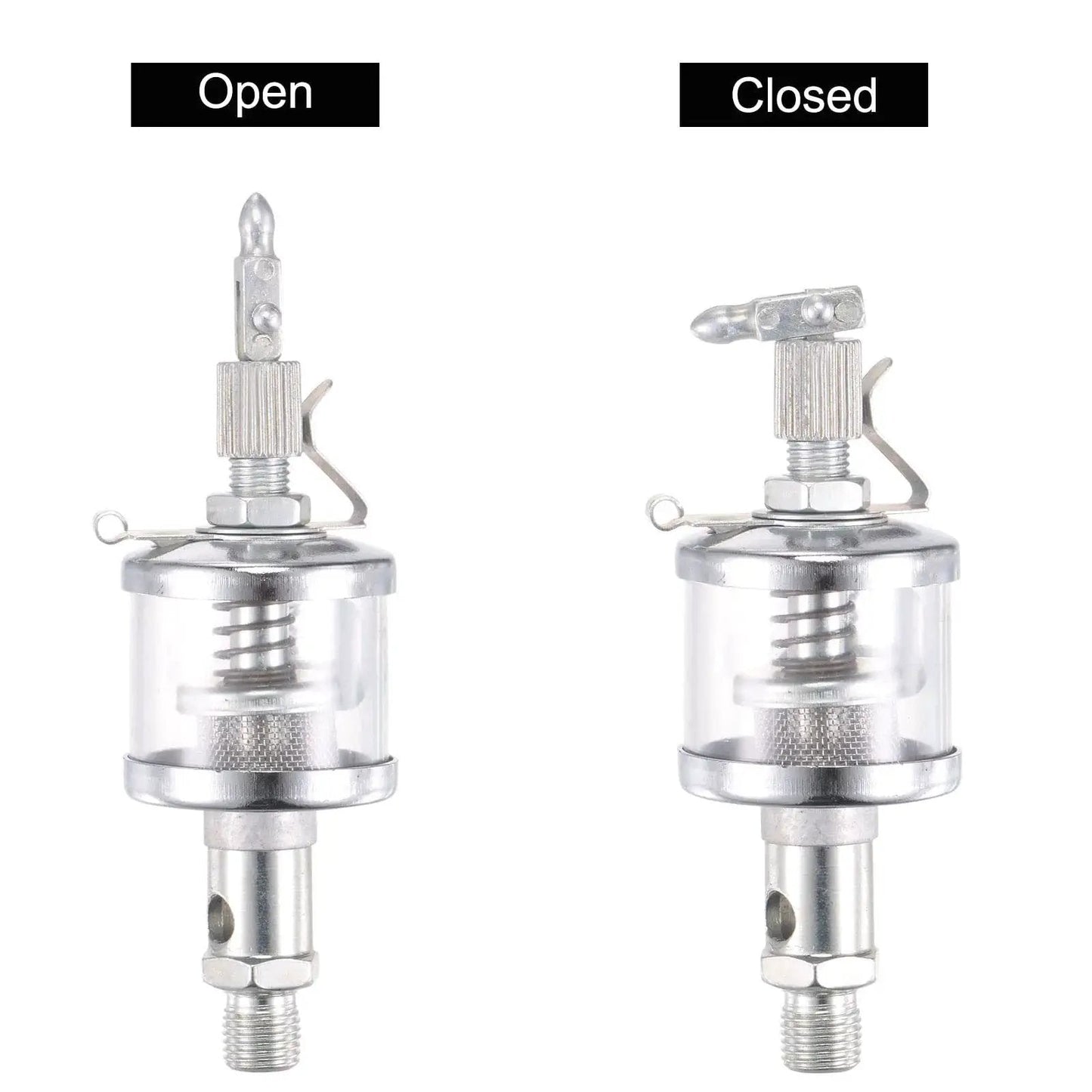 Industrial Oil Cup With Needle Valve Gravity Drip Feed Oiler, chrome-plated, showing open and closed positions