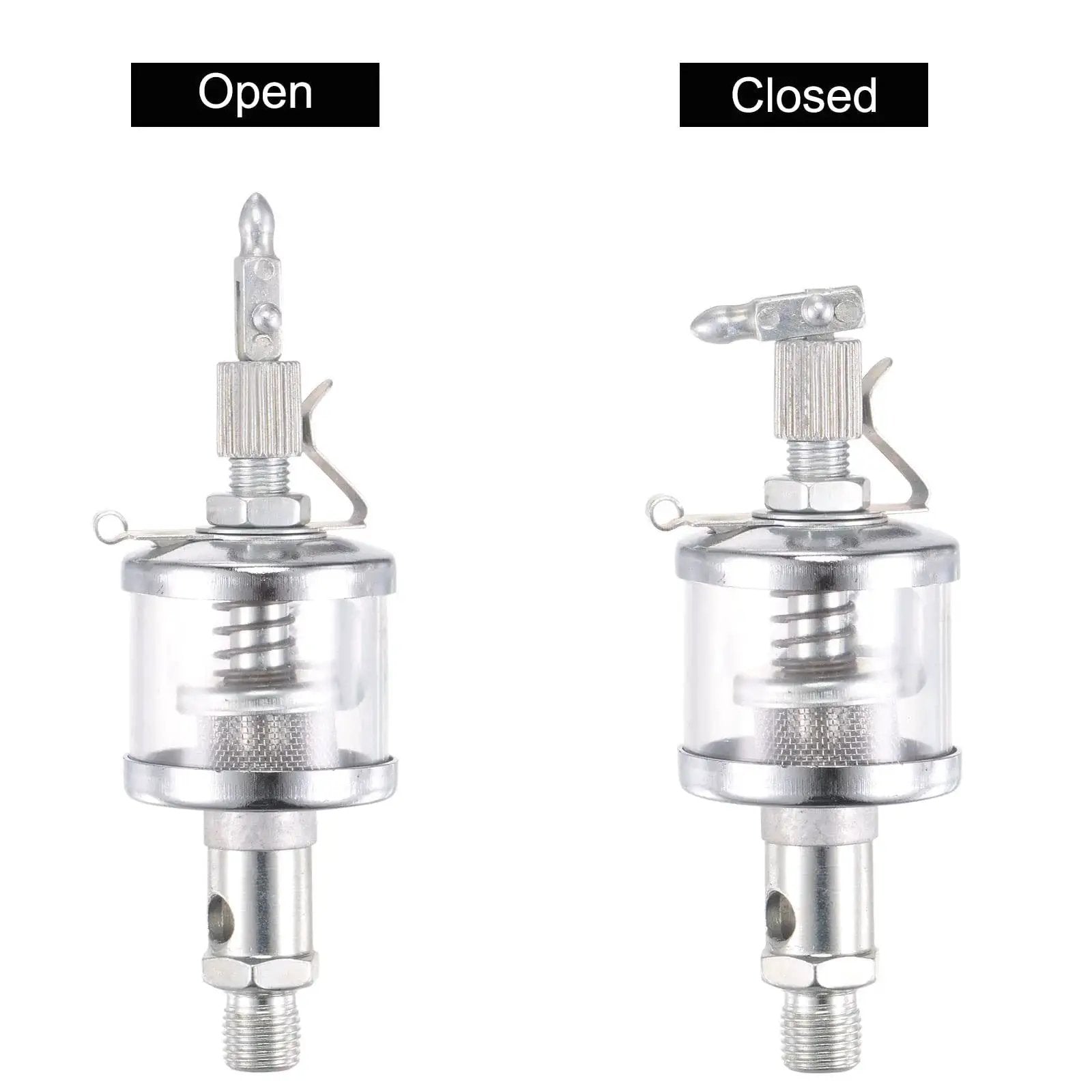 Industrial Oil Cup With Needle Valve Gravity Drip Feed Oiler, chrome-plated, showing open and closed positions