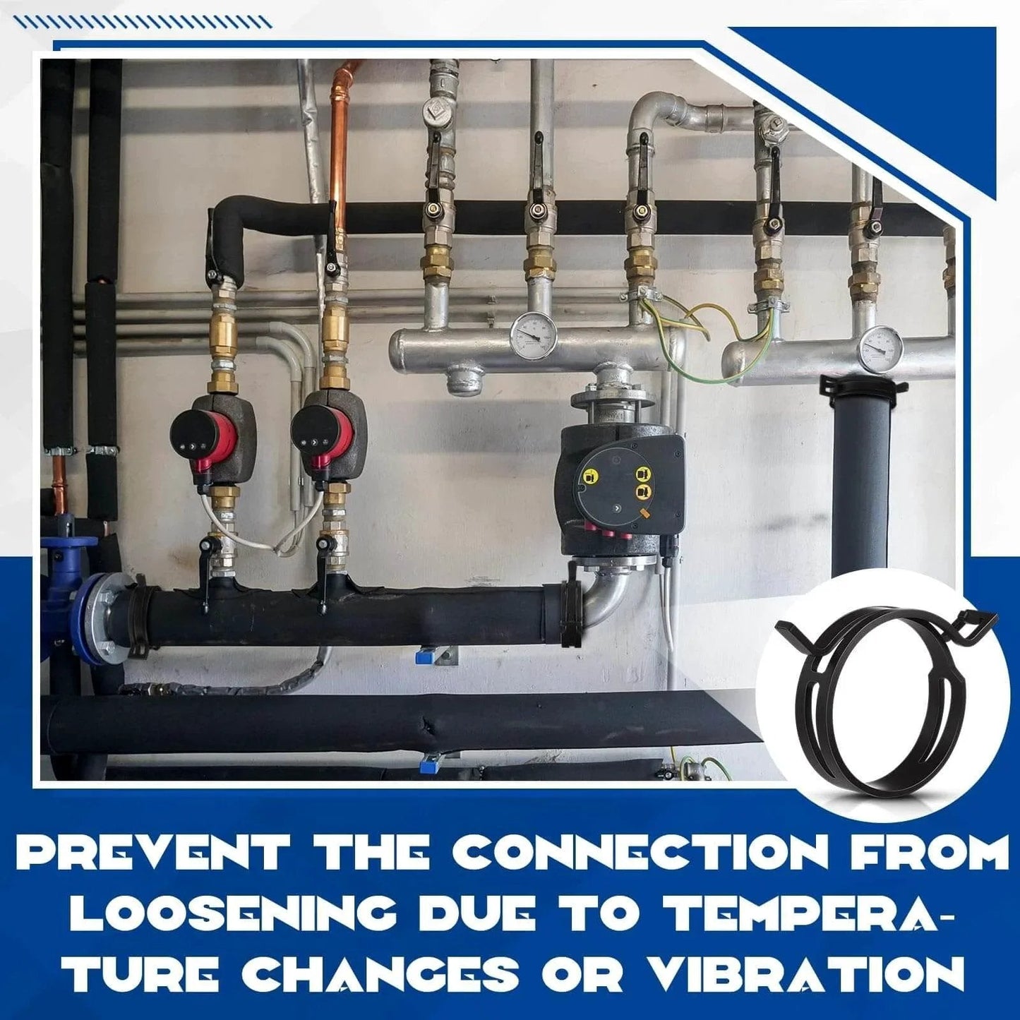 Industrial piping system with 5 Pieces Constant Tension Band Hose Clamps Black 12mm Width Fuel Line Clips visible on hoses.