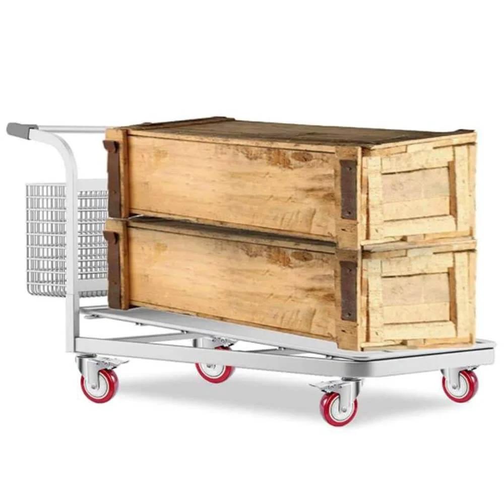 Heavy Duty Swivel and Rigid Caster Wheels with Brakes on trolley loaded with wooden crates, Industrial Polyurethane Casters for Furniture and Carts