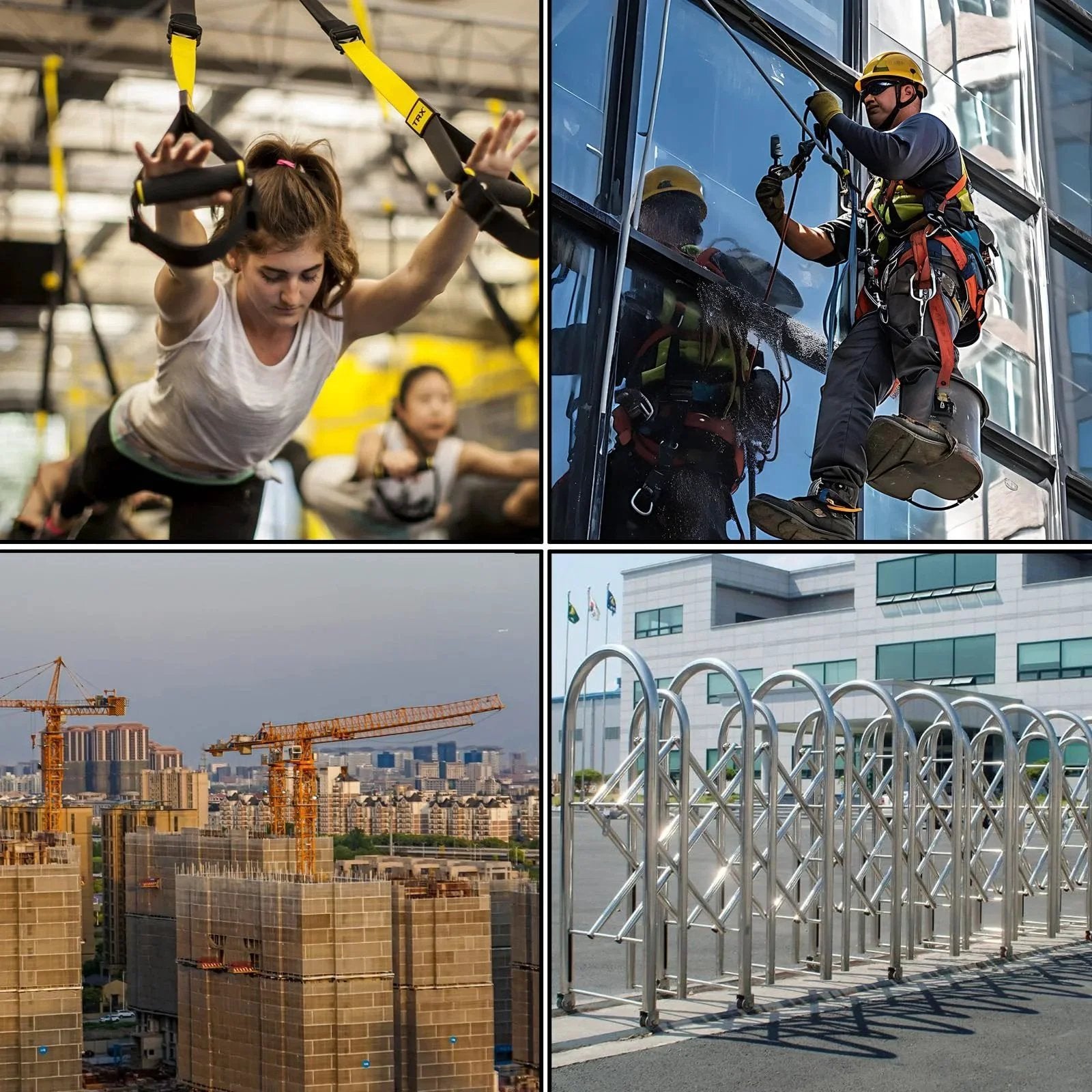 Collage of gym pulley system, window cleaner on ropes, construction cranes, and barrier gates; illustrating pulley uses.