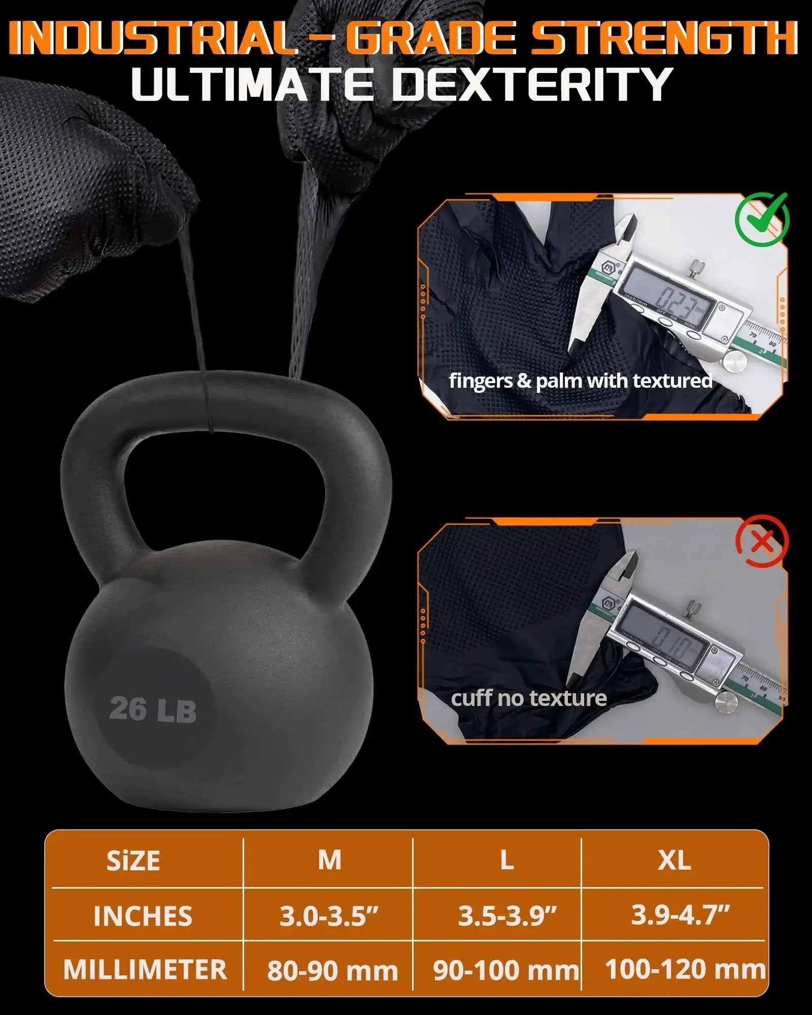 Heavy Duty Nitrile Gloves 9 Mil Diamond Texture Black Large Pack 800 Pcs demonstrating grip strength with kettlebell and texture detail