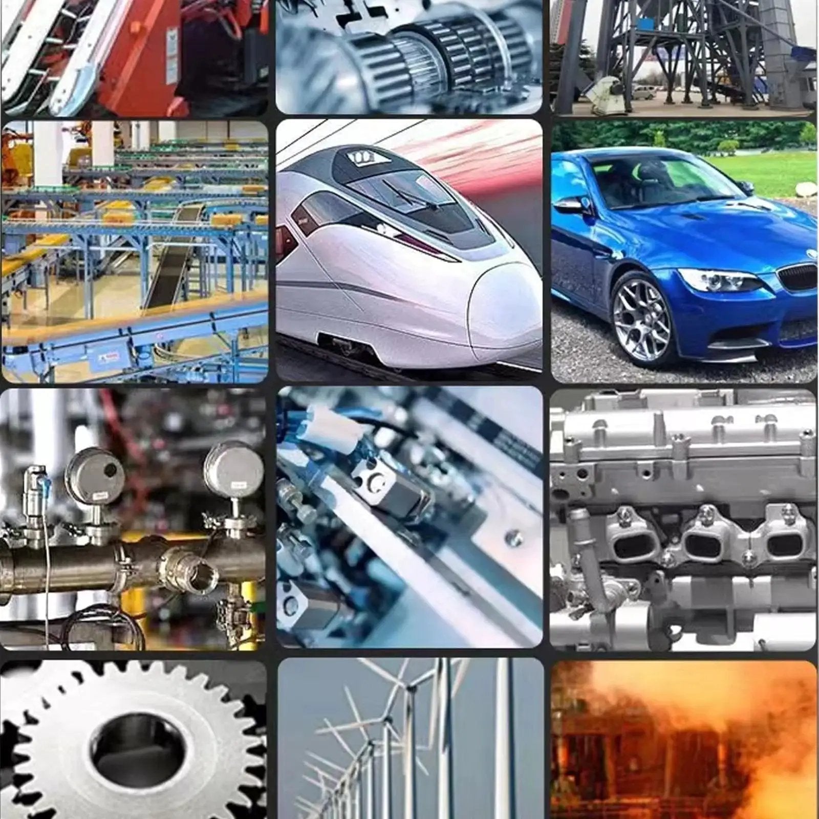 Collage showing various industrial applications and transportation, demonstrating the versatility of Thrust Needle Roller Bearing Set AXK2035.