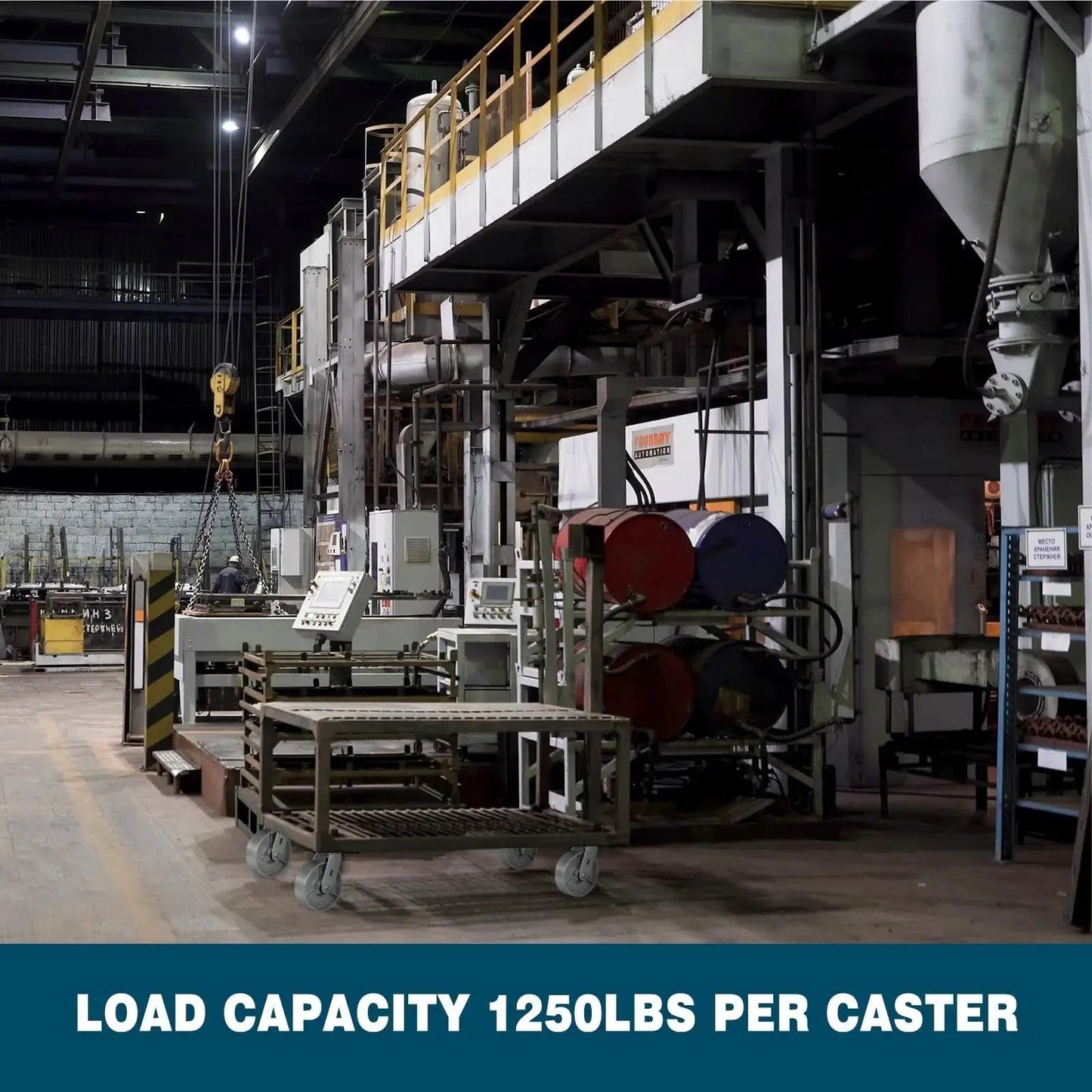 Heavy Duty Industrial Casters 6 By 2 Inch Rigid And Brake Wheels With Roller Bearing Semi Steel Cast Iron Wheels For Heavy Loads 5000 Lbs Capacity Per Set Of 4 Durable Construction For Warehouses, Workshops And Equipment in a factory setting.