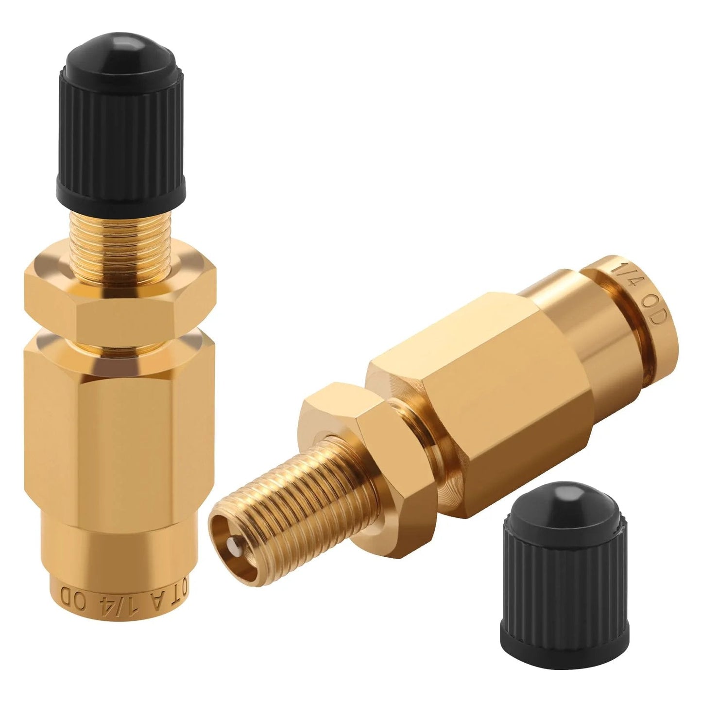 Inflation Schrader Valve With Push To Connect For One Quarter Inch Air Line Tubing and Air Spring Suspension On Semi Truck Trailer Tractor DOT Certified Brass No Leak Construction For Heavy Duty Use Performance, showing two brass valves.