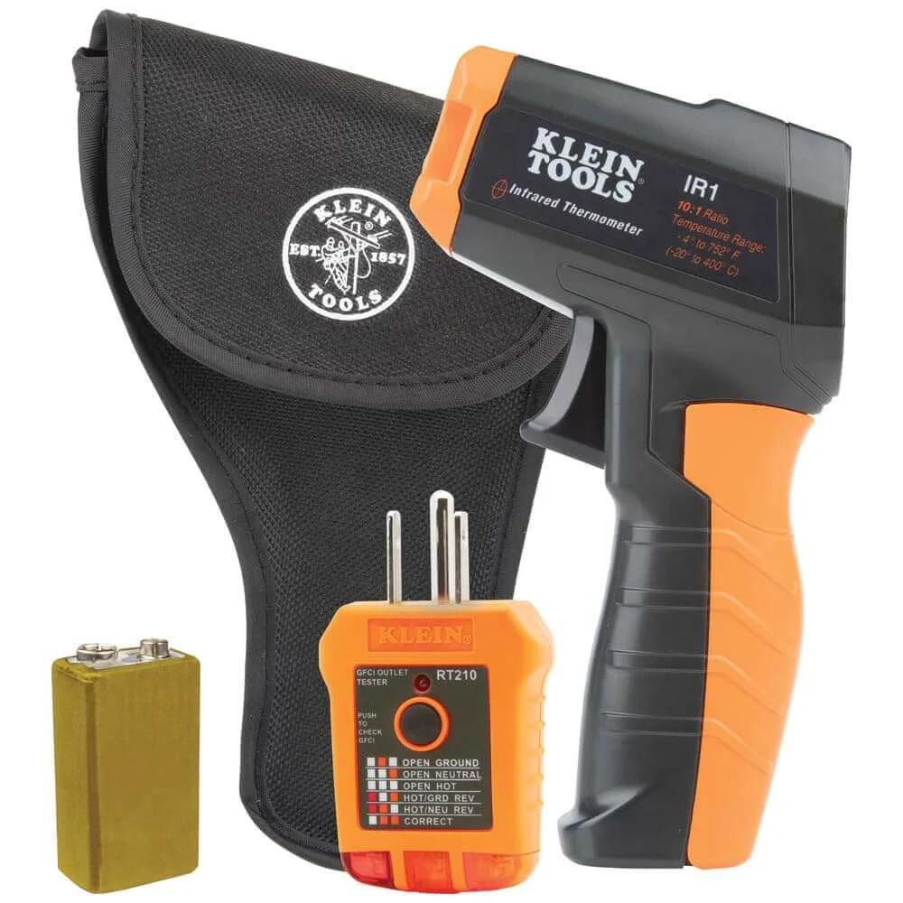 Infrared Thermometer and GFCI Receptacle Tester Kit with case and battery, non-contact digital temperature measurement and electrical tester.