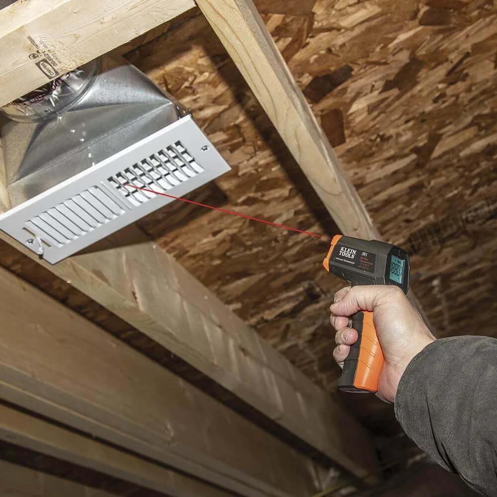 Using Infrared Thermometer and GFCI Receptacle Tester Kit for non-contact digital temperature measurement of ceiling vent