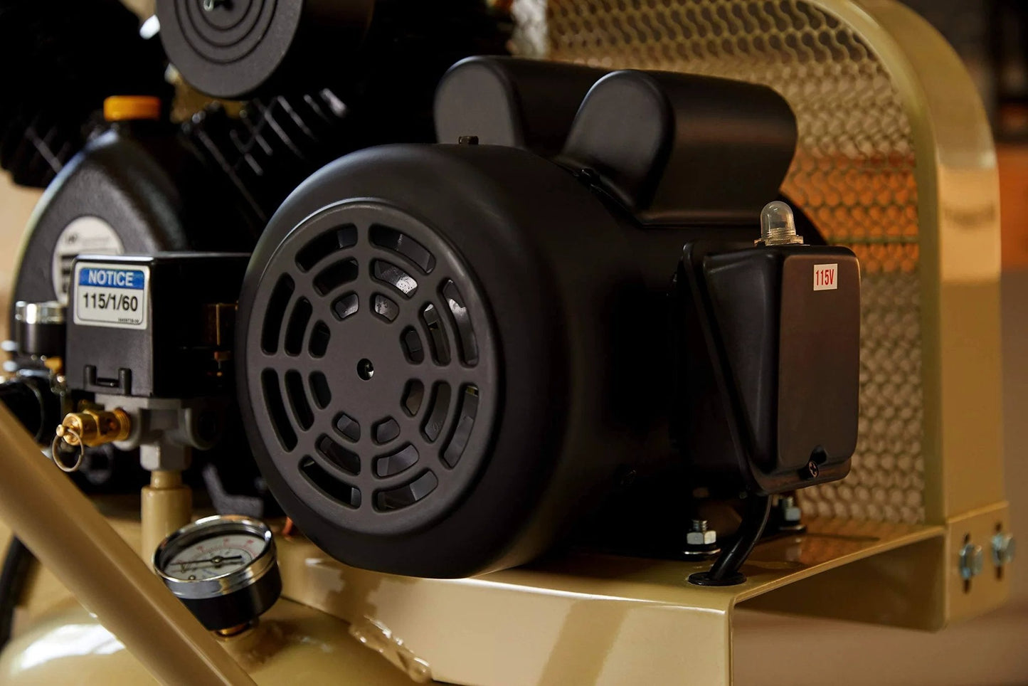 Close-up of the Ingersoll Rand P1.5IU-A9 2hp 20 gal Single-Stage Compressor (115/1) 42663401 showing motor and parts.
