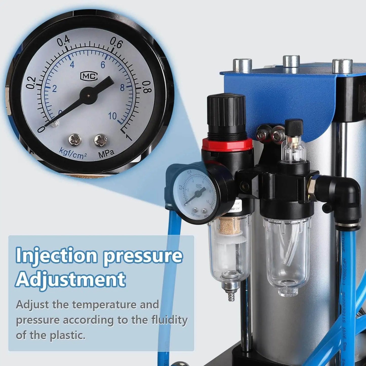 Close-up of Vertical Injection Molding Machine pressure gauge and controls for adjusting temperature and pressure, ICZW 110V 0-15g per shot