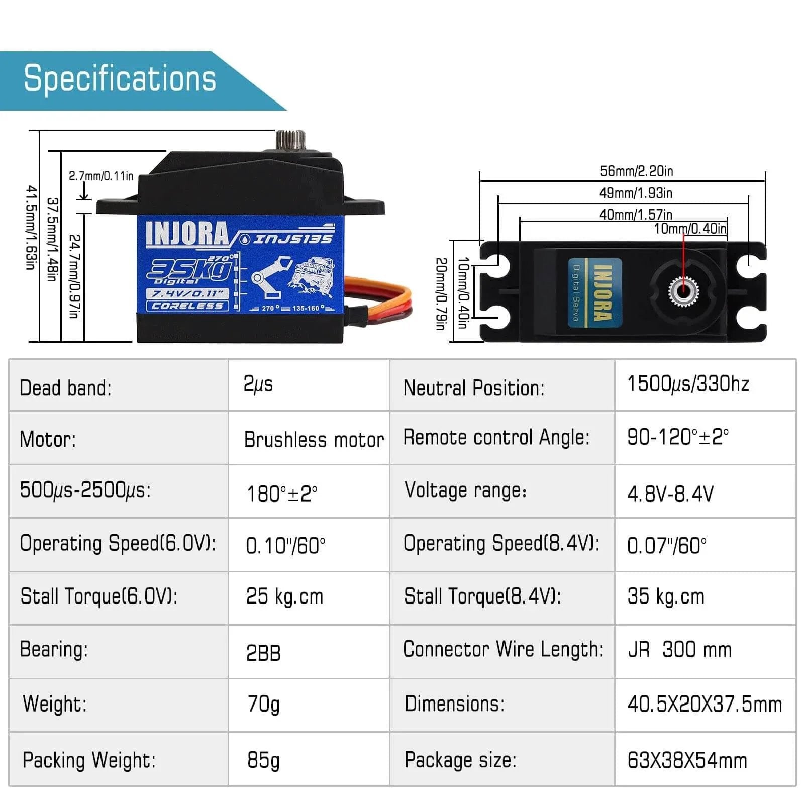 Specifications of 35KG Brushless Waterproof High Voltage Servo Motor High Torque Digital Servo for RC Car Model with dimensions.