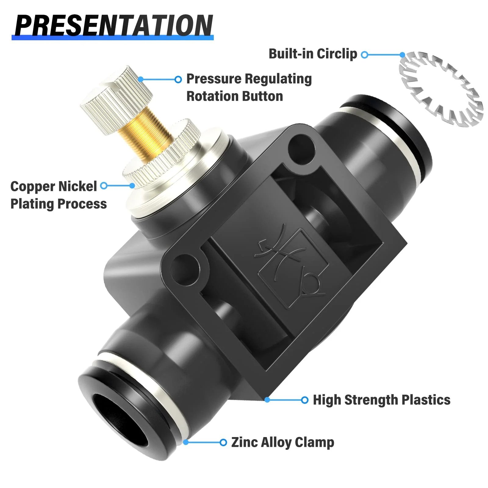 Air Flow Control Valve For Pneumatic Systems Tailonz Push To Connect In Line Speed Controller 1/4 OD showing built-in circlip, pressure regulating rotation button.