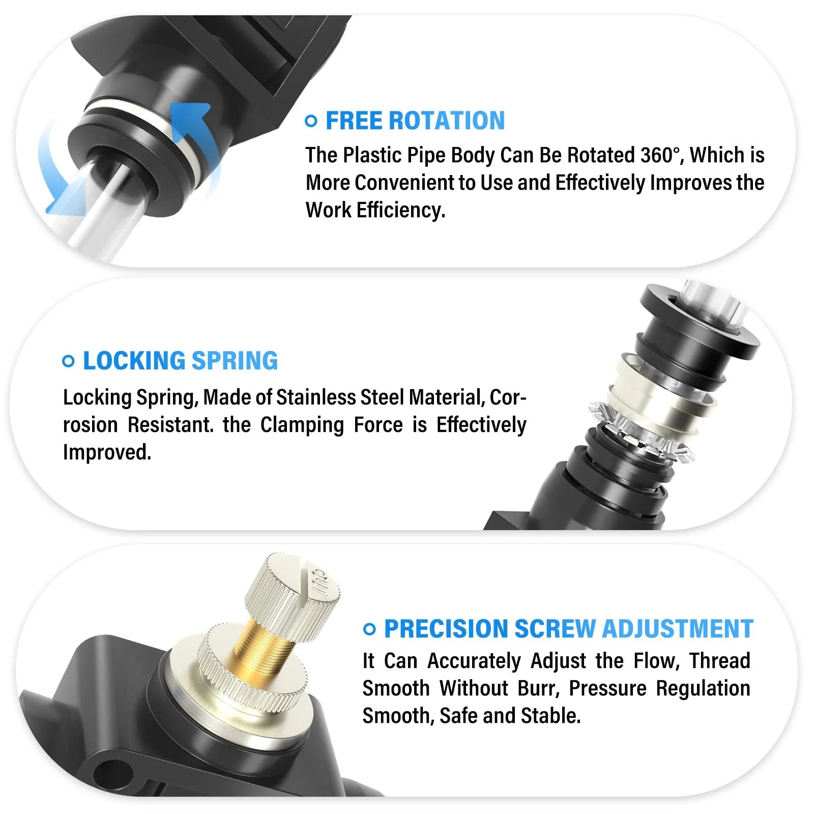 Close-up of Air Flow Control Valve for Pneumatic Systems Tailonz showing free rotation and stainless steel locking spring.