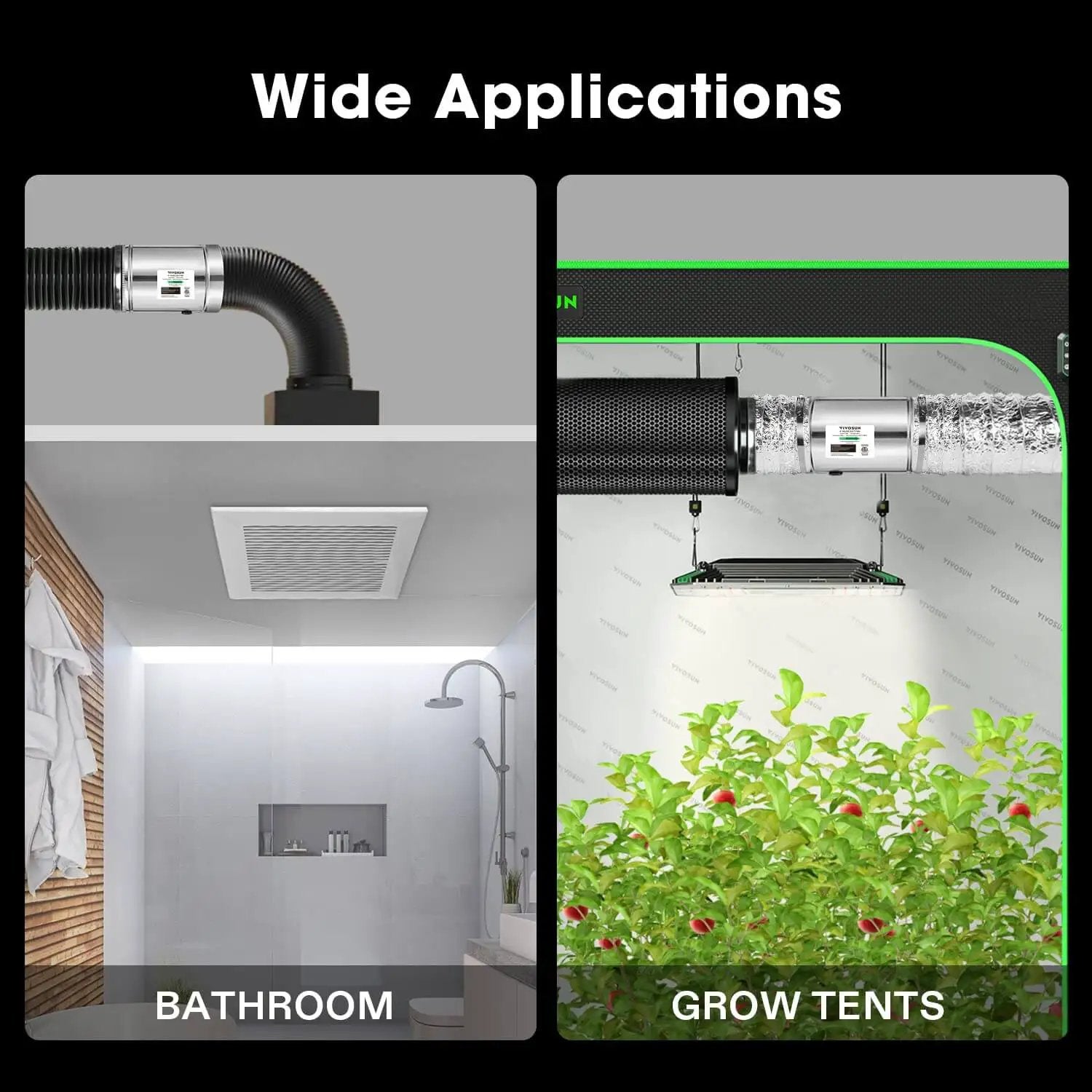 4 Inch Inline Duct Fan 100 CFM Quiet Exhaust For HVAC Systems installed in bathroom and grow tent with plants.