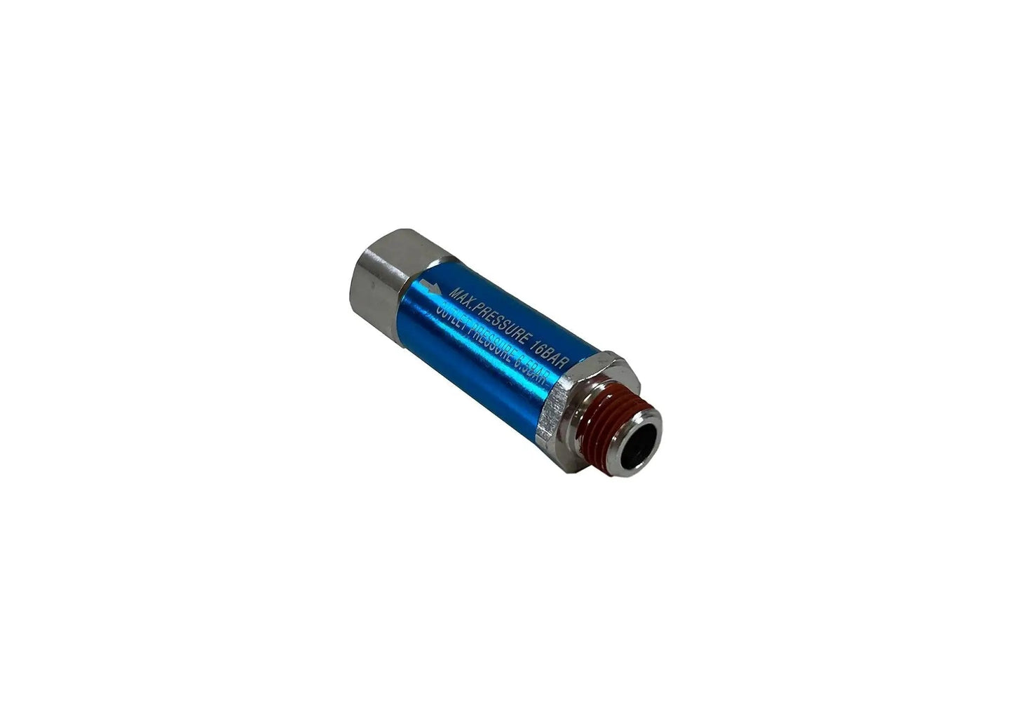 Preset In Line Pressure Regulator for Pneumatic Tools, lightweight blue aluminum body, 1/4 inch NPT inlet and outlet, 94 PSI preset setting.