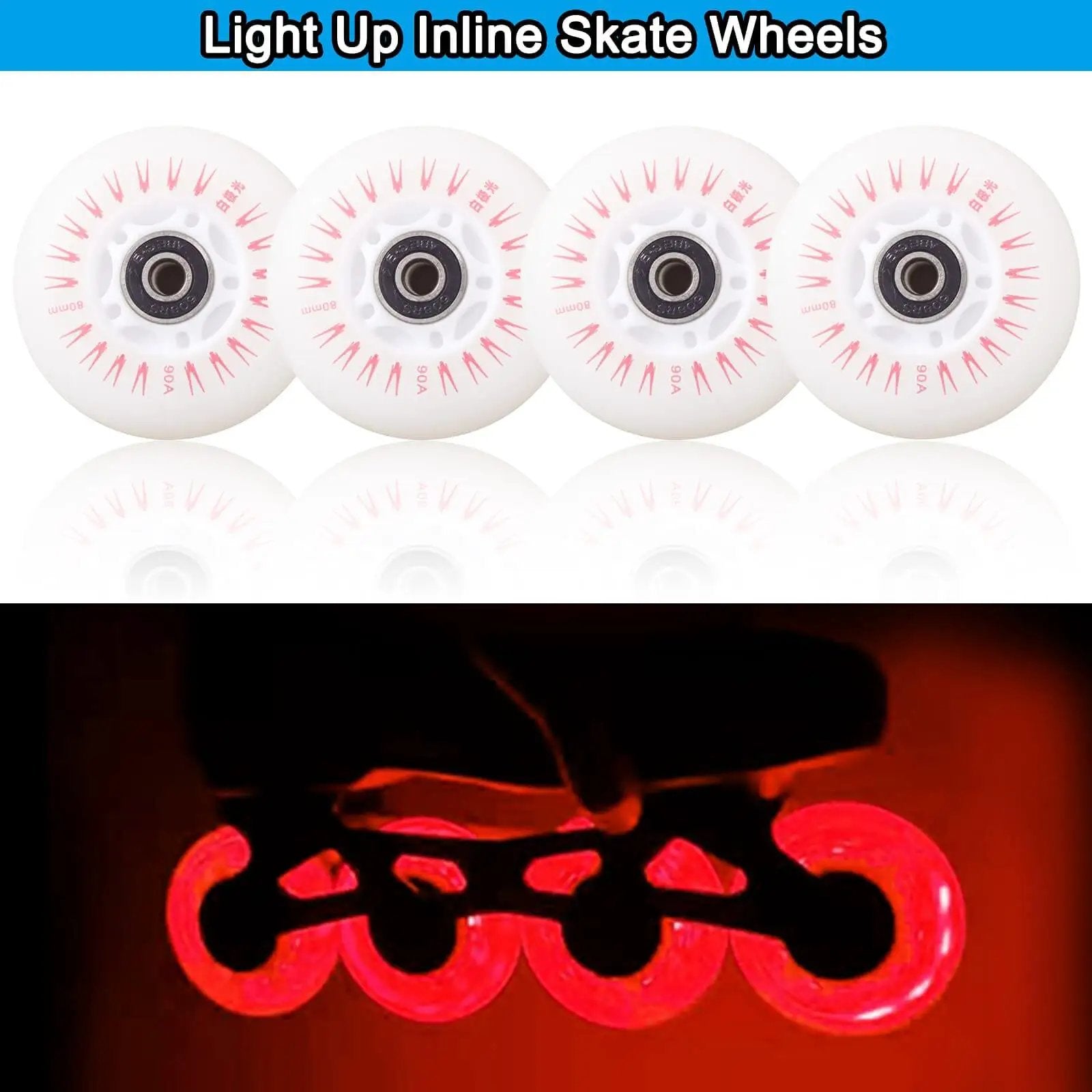 Luminescent Inline Skate Wheels 80mm And 76mm With ABEC 9 Bearings Four Pack Red Glow In The Dark For Indoor And Outdoor Use