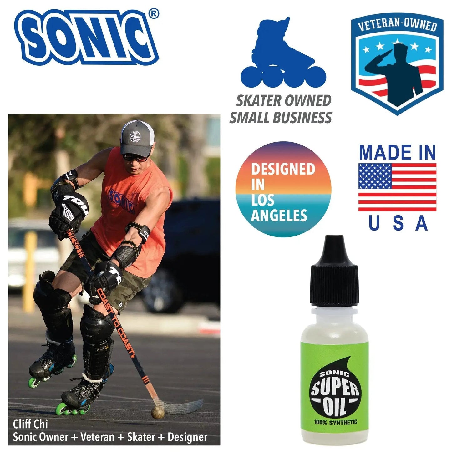 Ultra Slick Sonic Super Oil Skate Bearing Lubricant bottle with inline skater, skater-owned logos, Veteran Owned and Made in USA seals