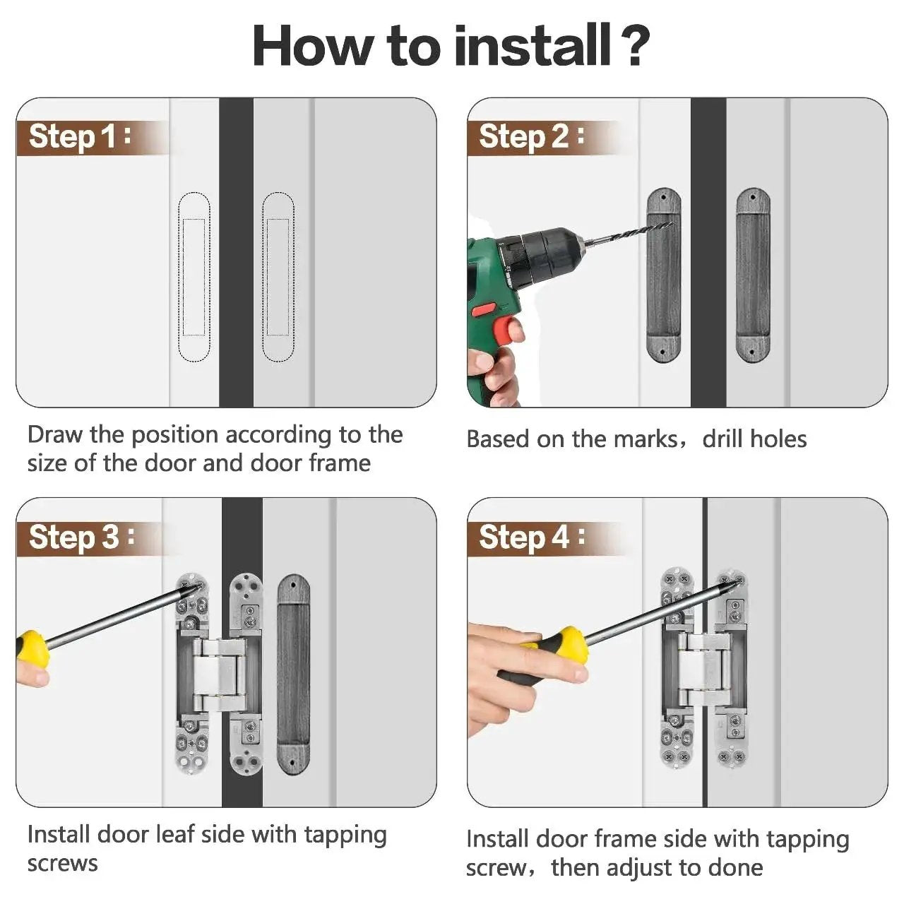 Installation steps for Hidden Door Hinges 6 Inch Stainless Steel Pack Of Two Concealed Hinges With 180 Degree Swing 3 Way Adjustable