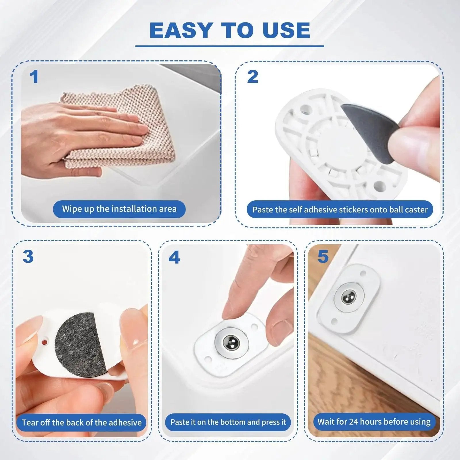 Step-by-step guide for installing 8 Pcs Self Adhesive Mini Caster Wheels Set For Appliances And Cabinets with easy instructions.