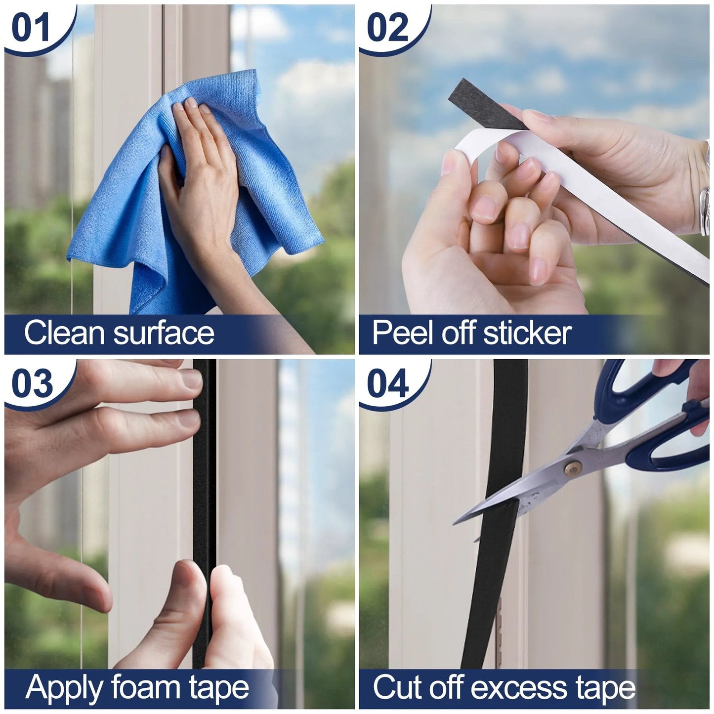 Instructions for using Two Rolls Thirty Three Point One Feet Self Adhesive Foam Weather Strips For Doors And Windows EVA High Density Seals.