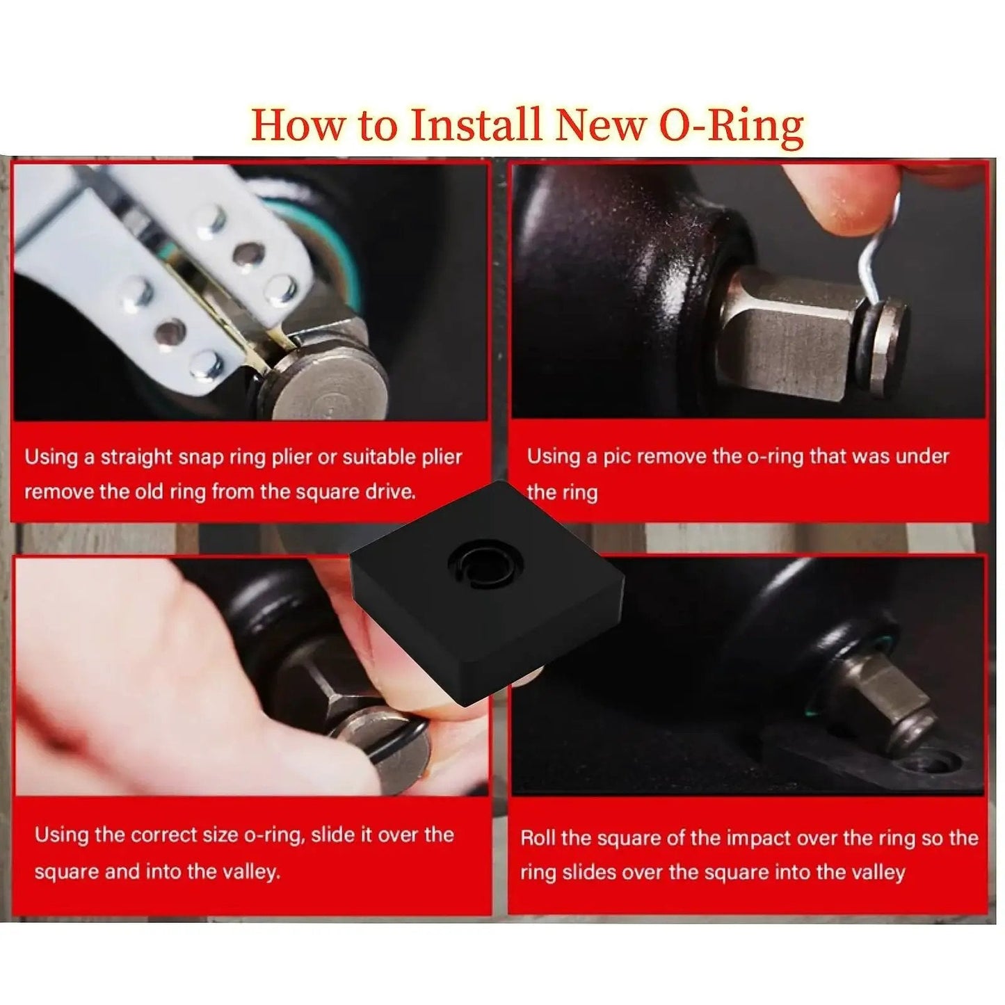 Instructions for installing new O-Ring from Twelve Pack One Half Inch Impact Friction Ring Retaining Rings With O Ring And Anvil Tool