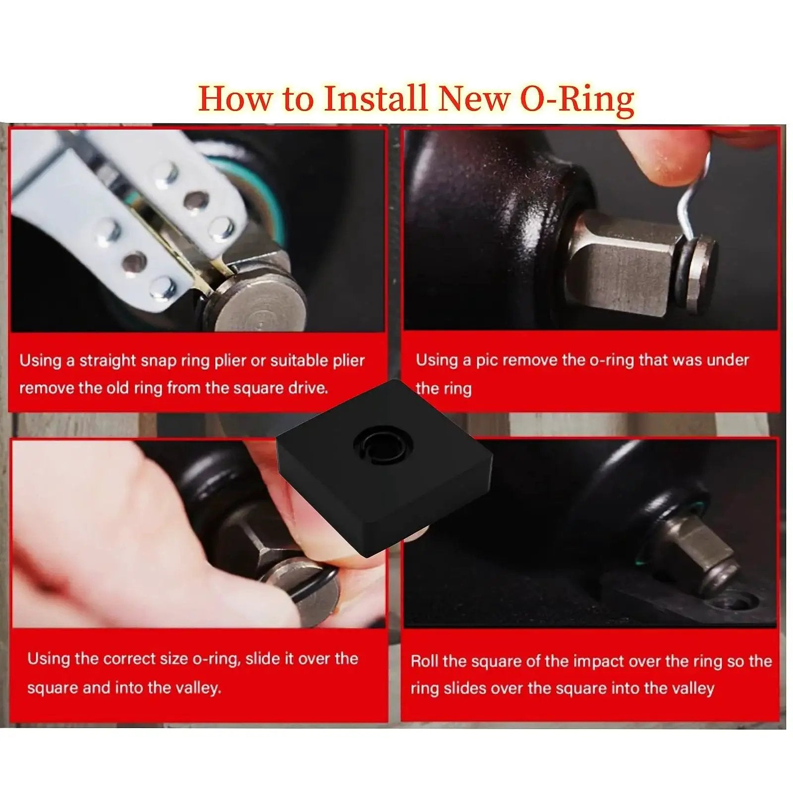 Instructions for installing new O-Ring from Twelve Pack One Half Inch Impact Friction Ring Retaining Rings With O Ring And Anvil Tool