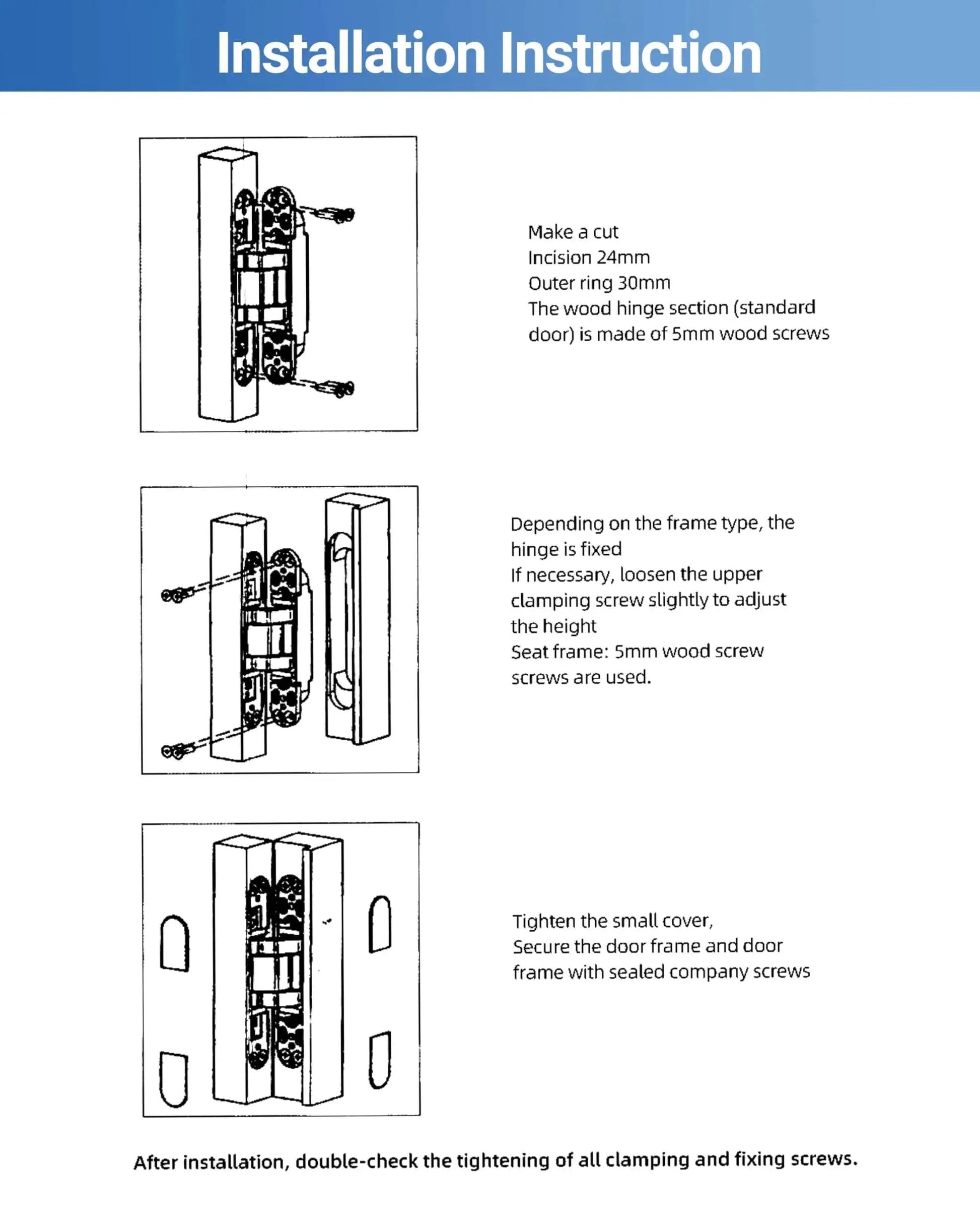 Installation instructions for Invisible Door Hinges 2 Pack 6 Inch Silver Hidden Hinges with 180 Degree Swing