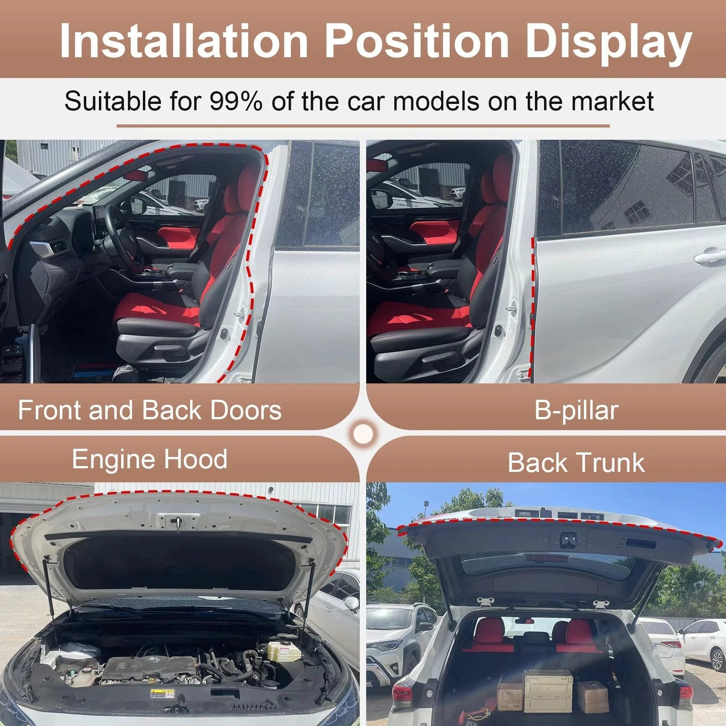 Installation position display of 10 Ft Rubber Weather Stripping Door Seal For Cars Trucks RVs And Windows From Alophoty on various car areas.