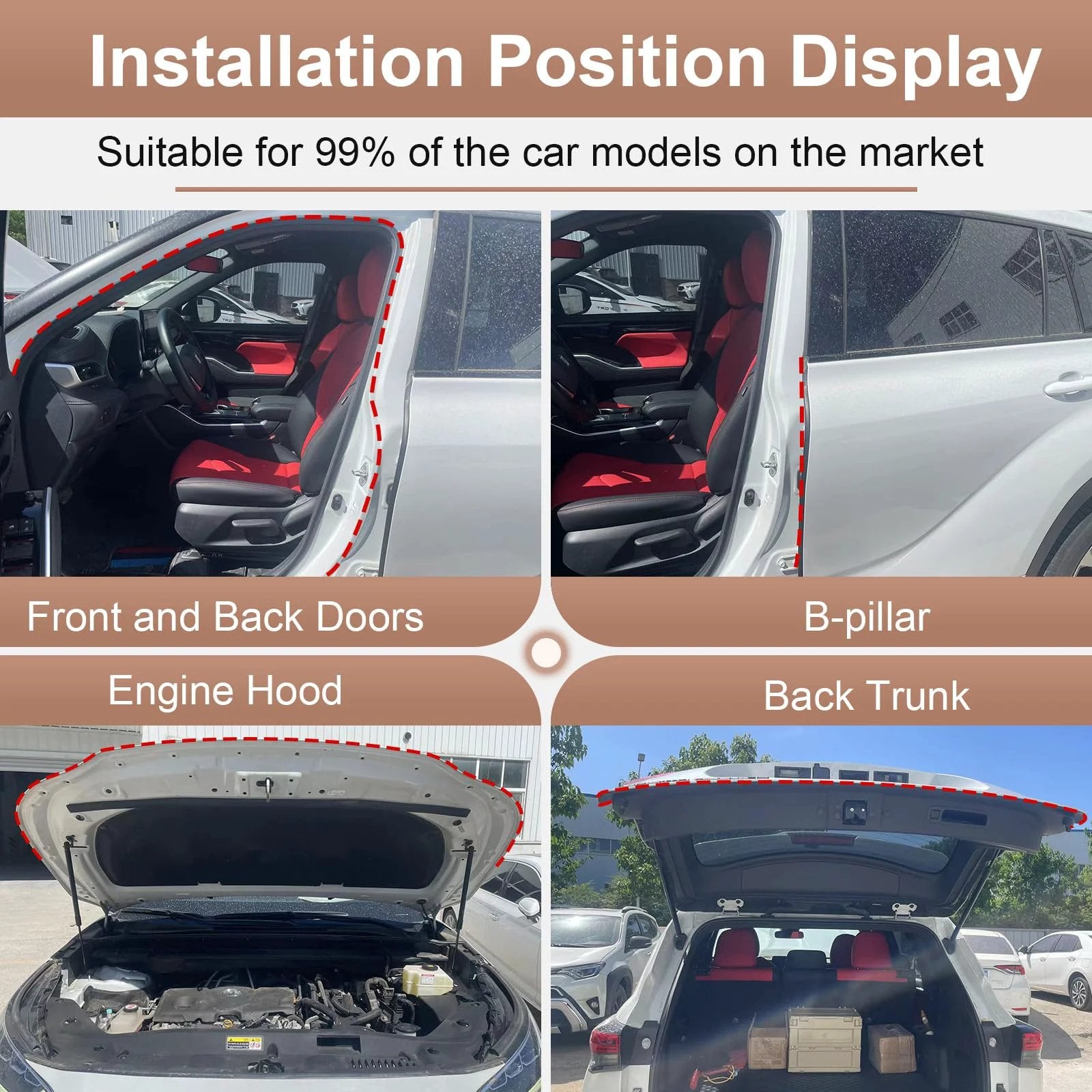 Installation position display of 10 Ft Rubber Weather Stripping Door Seal For Cars Trucks RVs And Windows From Alophoty on various car areas.