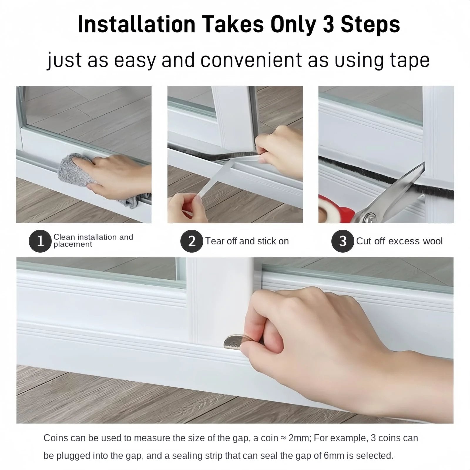 3-step installation guide for Window Weather Stripping Door Seal 33 Feet Self Adhesive Winter Insulation Strip for exterior use