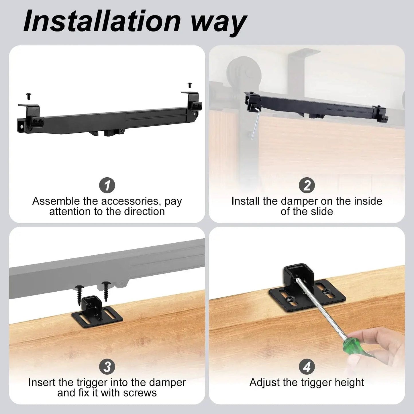 Installation guide for Four Pack Barn Door Soft Close Mechanisms With Spring Buffer Dampers For Sliding Doors Up To 160 Lbs